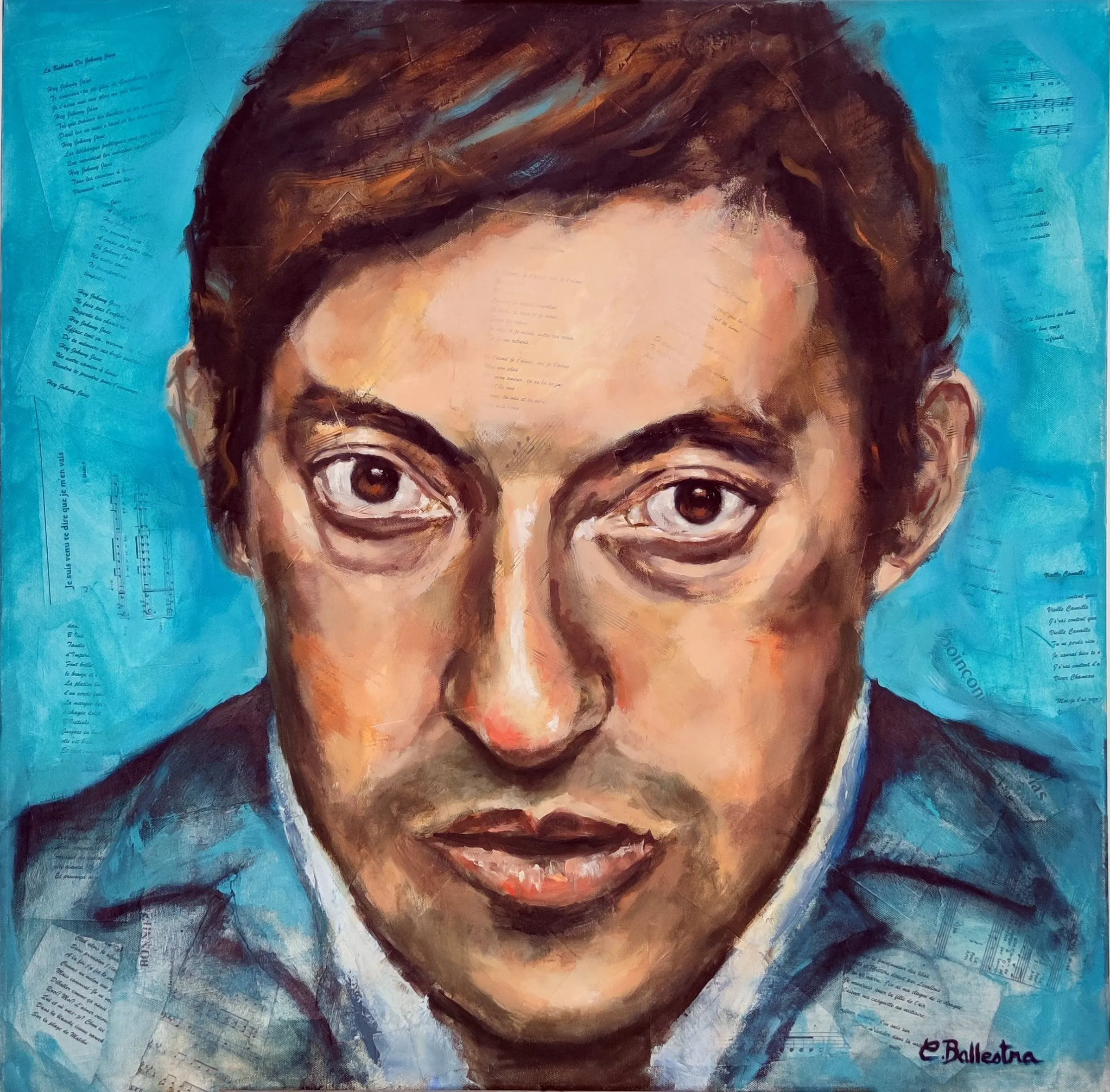 Portrait Serge Gainsbourg 80x80, technique mixte huile et collage paroles de chansons. Eric Ballestra, 2018