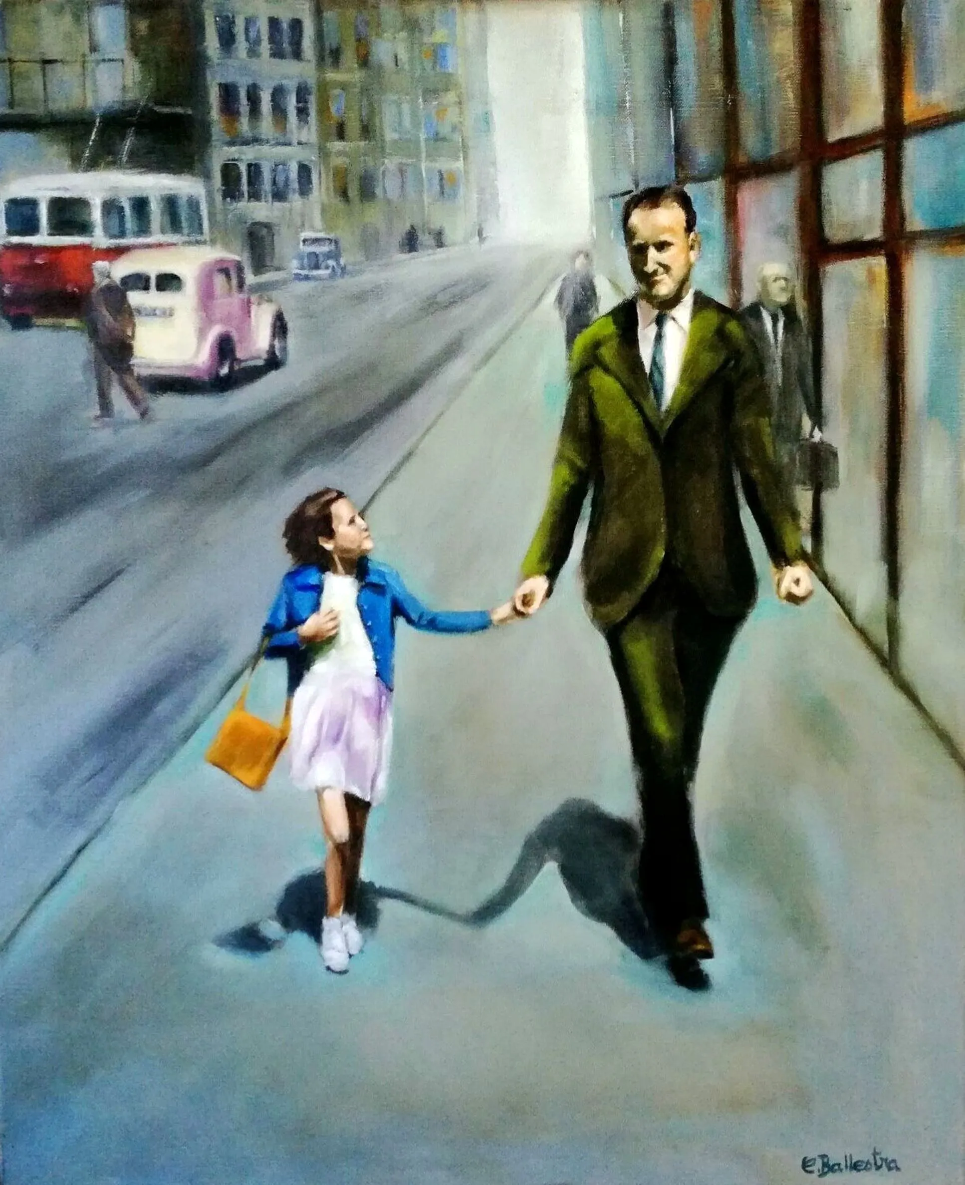 Peinture à l'huile d'Eric Ballestra représentant une fillette avec son père dans une rue au style rétro