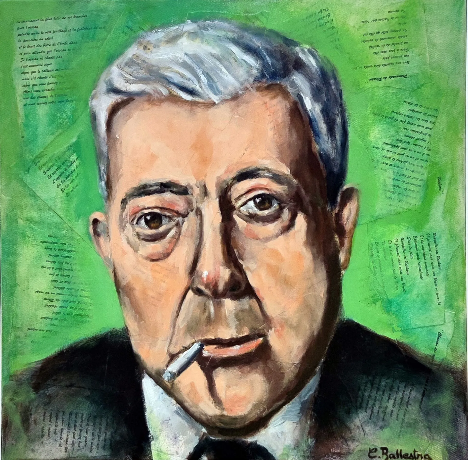 Portrait de Jacques PREVERT 50x50, technique mixte huile et collage de textes. Eric Ballestra, 2018