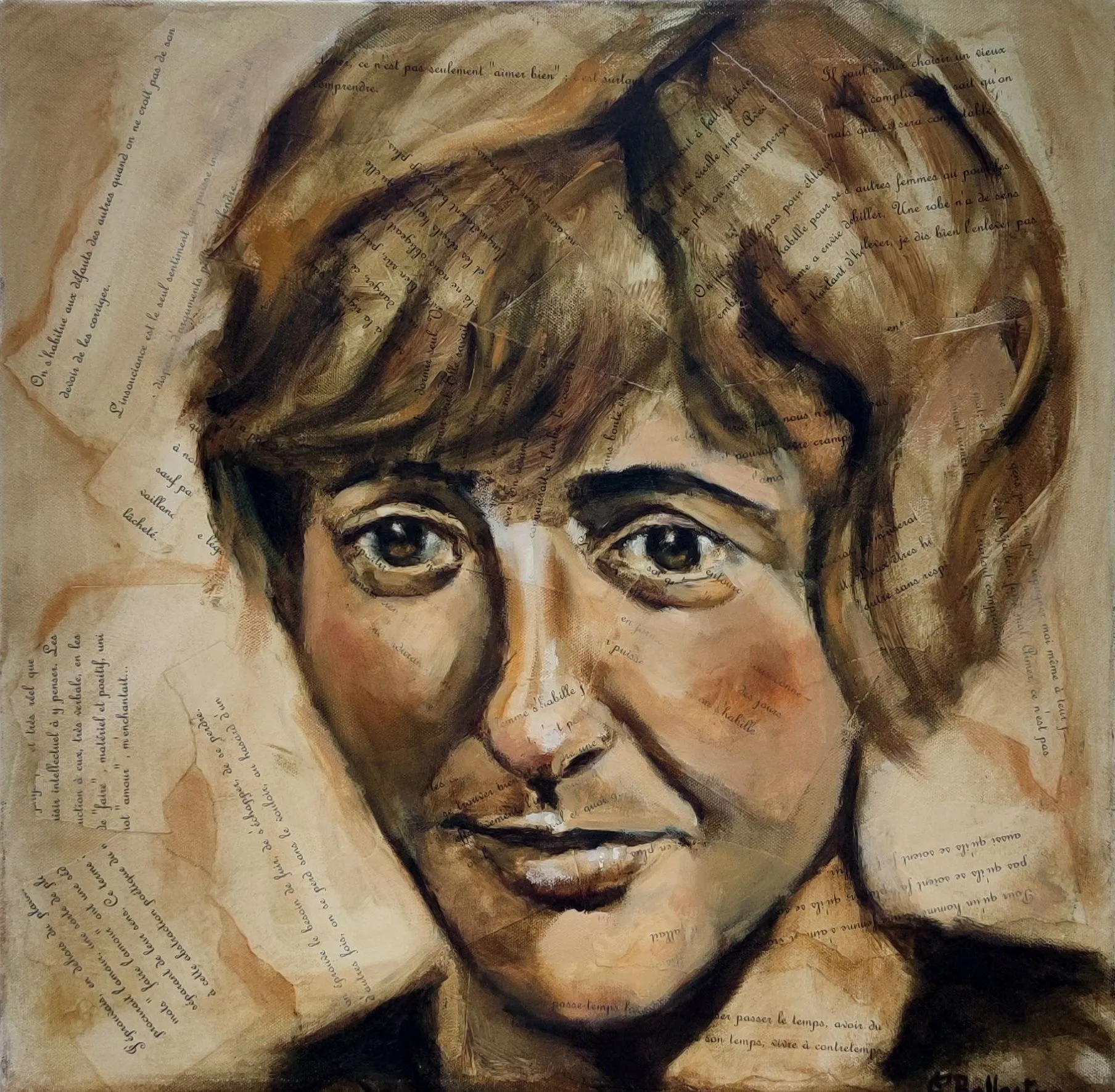 Portrait de Françoise SAGAN 50x50, technique mixte huile et collage de textes. Eric Ballestra, 2018