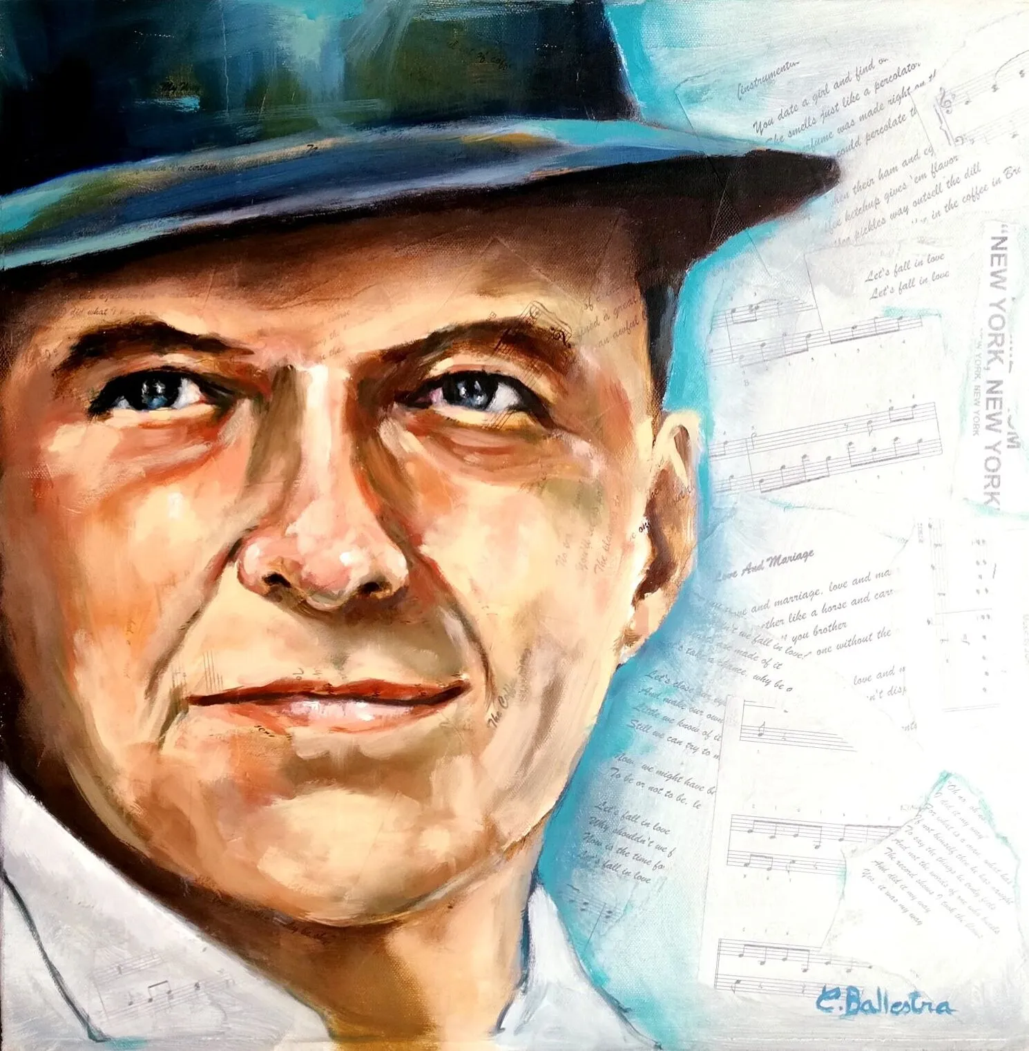 Portrait de Sinatra 50x50, technique mixte huile et collage paroles de chansons. Eric Ballestra, 2018