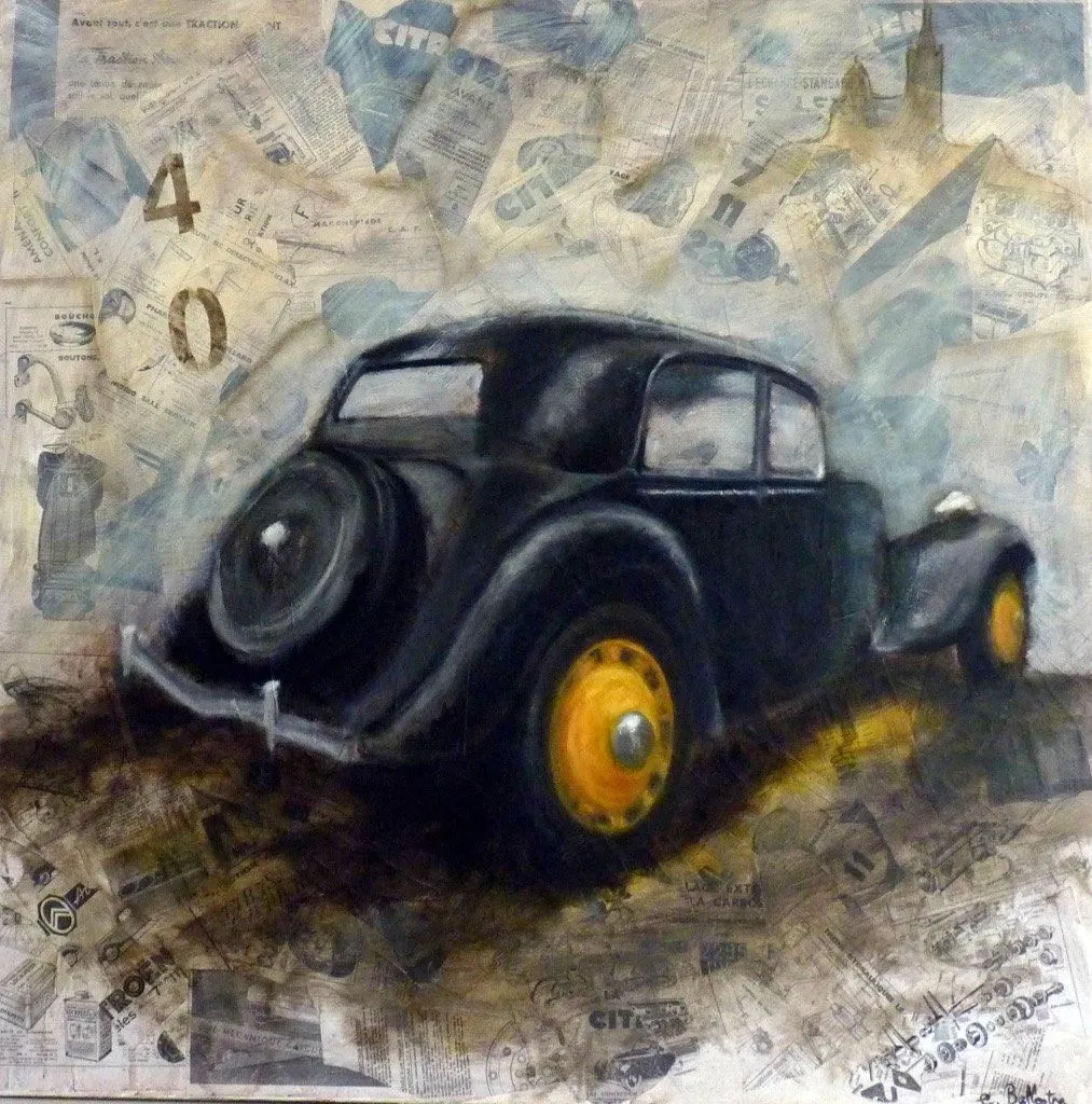 Traction Avant par Eric Ballestra, peinture à l'huile et collage, voiture Citroën Traction, grand format 100x100.