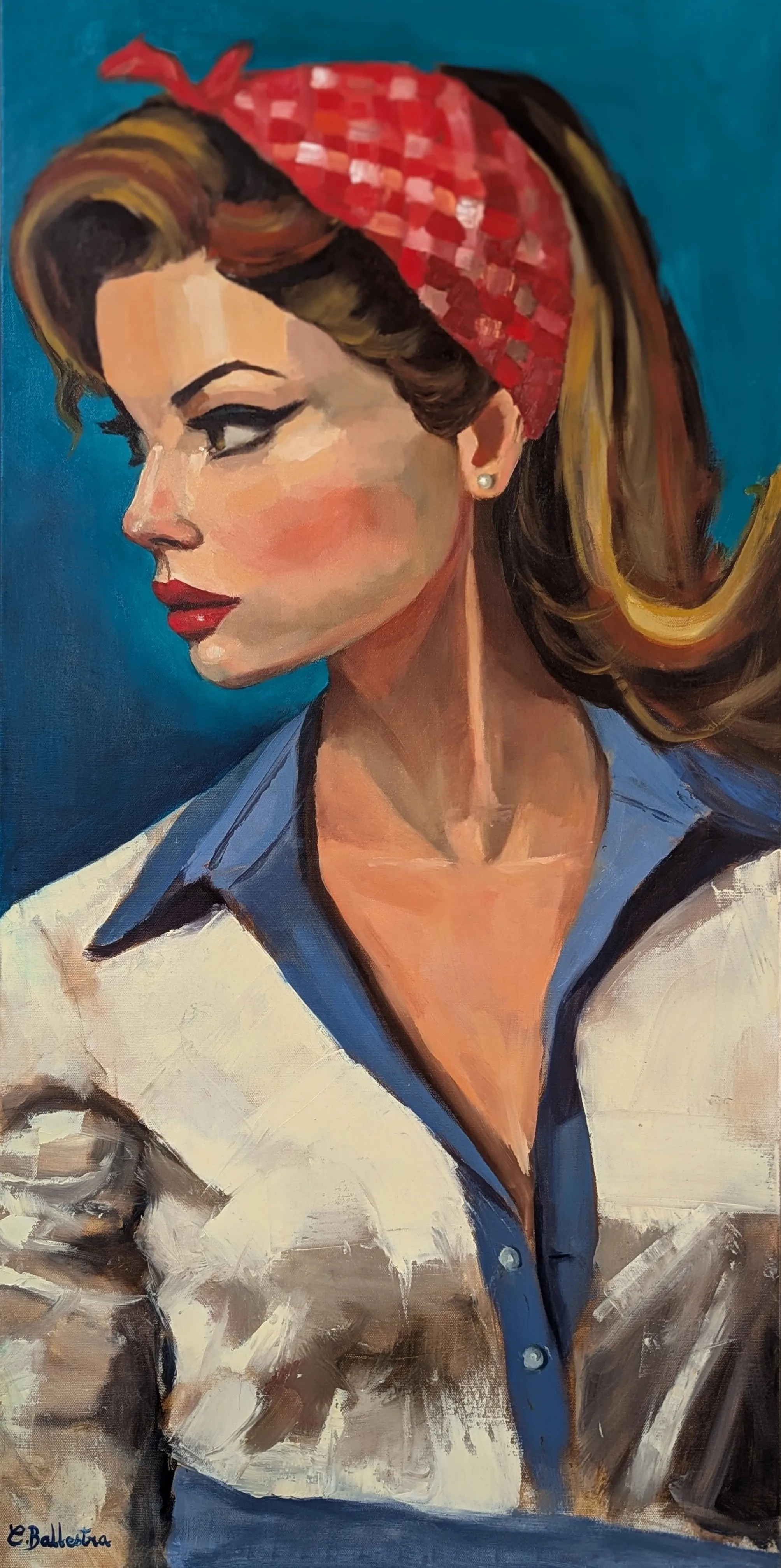 Portrait Angie par Eric Ballestra, peinture à l'huile, style illustratif Pop années 60.