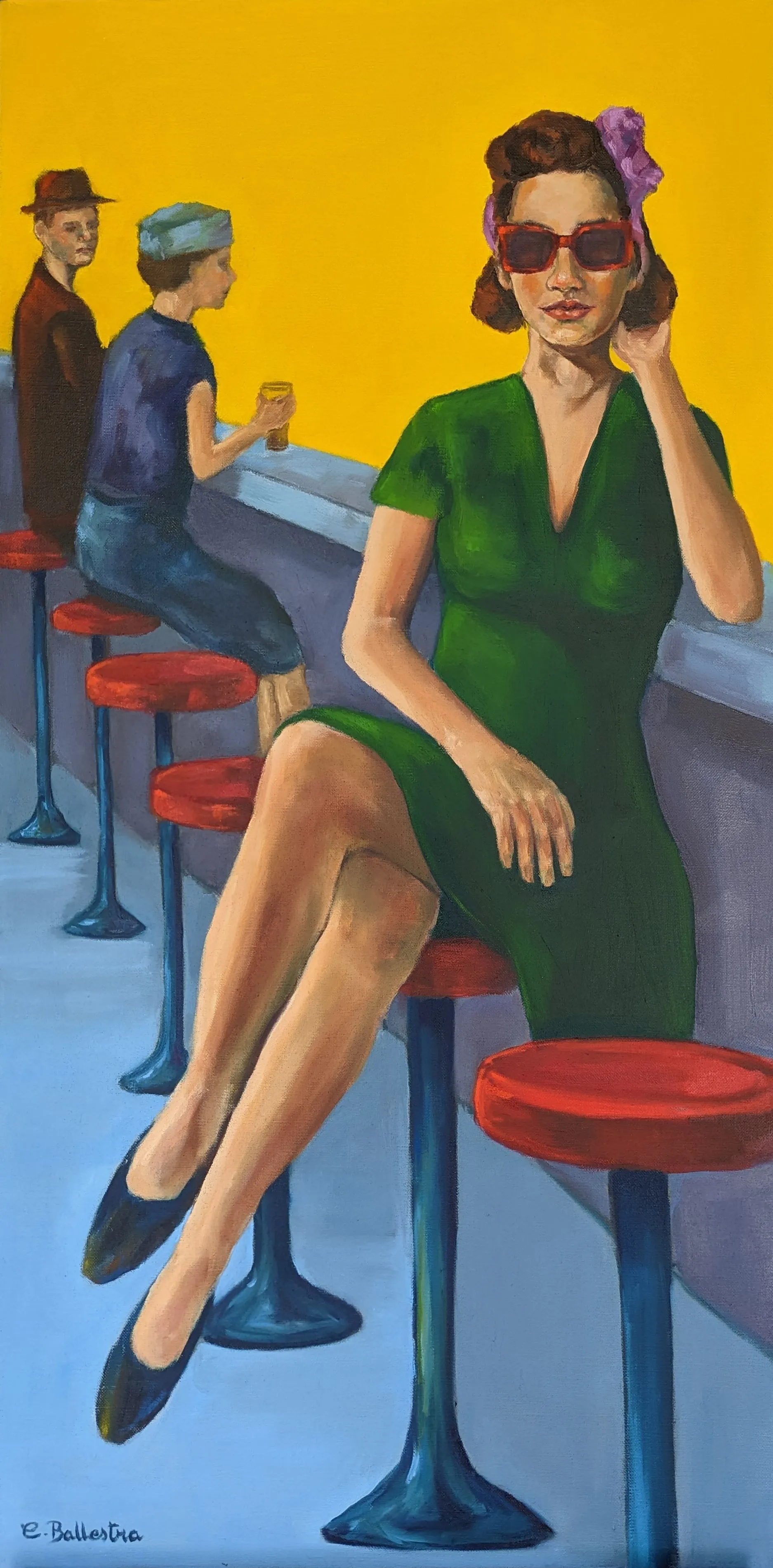 AU COMPTOIR par Eric Ballestra, peinture à l'huile figurative, scène de bar, femme avec bandana et lunettes, style Pop rétro.