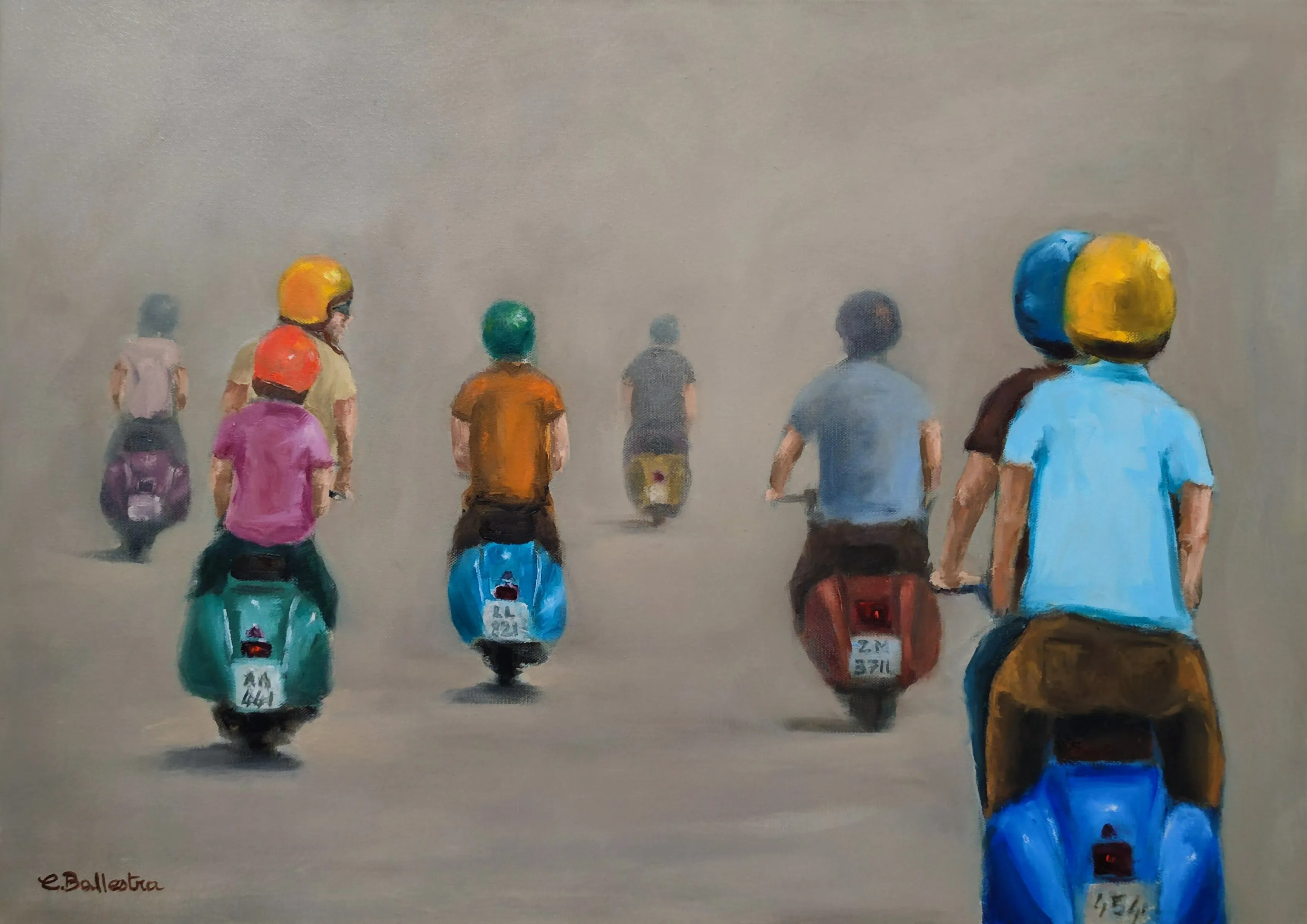 Peinture balade en vespa 70x60 huile sur toile Eric Ballestra 2021
