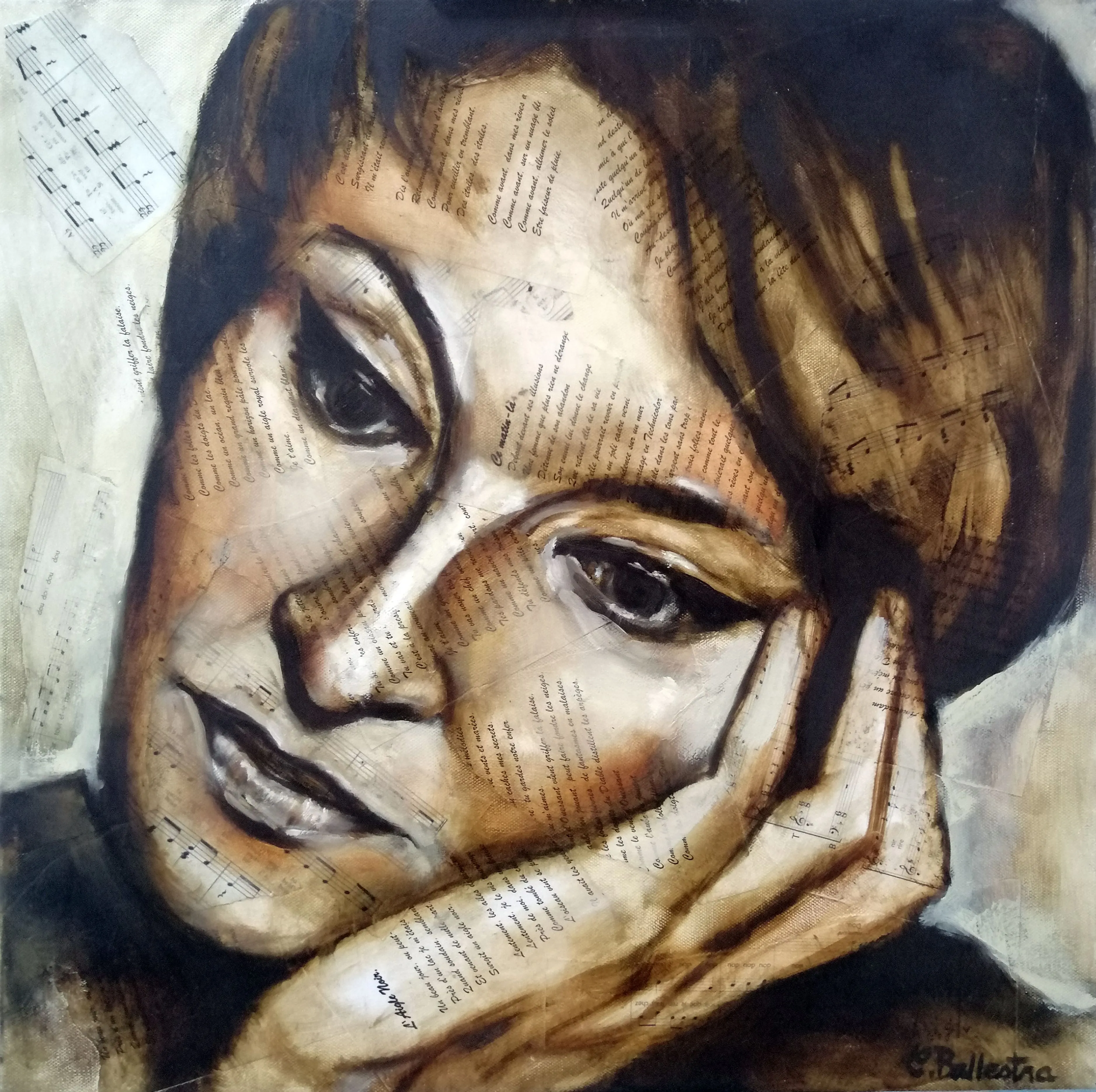 Portrait de Barbara 50x50, technique mixte huile et collage paroles de chansons. Eric Ballestra, 2018