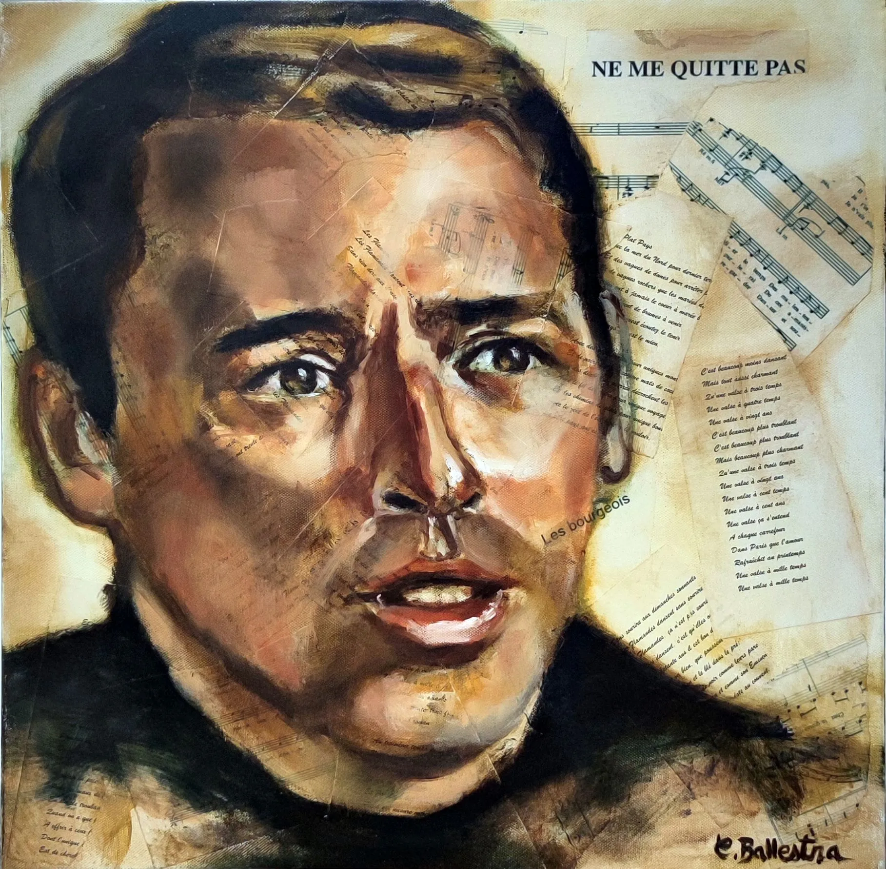 Portrait de Jacques BREL 50x50, technique mixte huile et collage paroles de chansons. Eric Ballestra, 2018