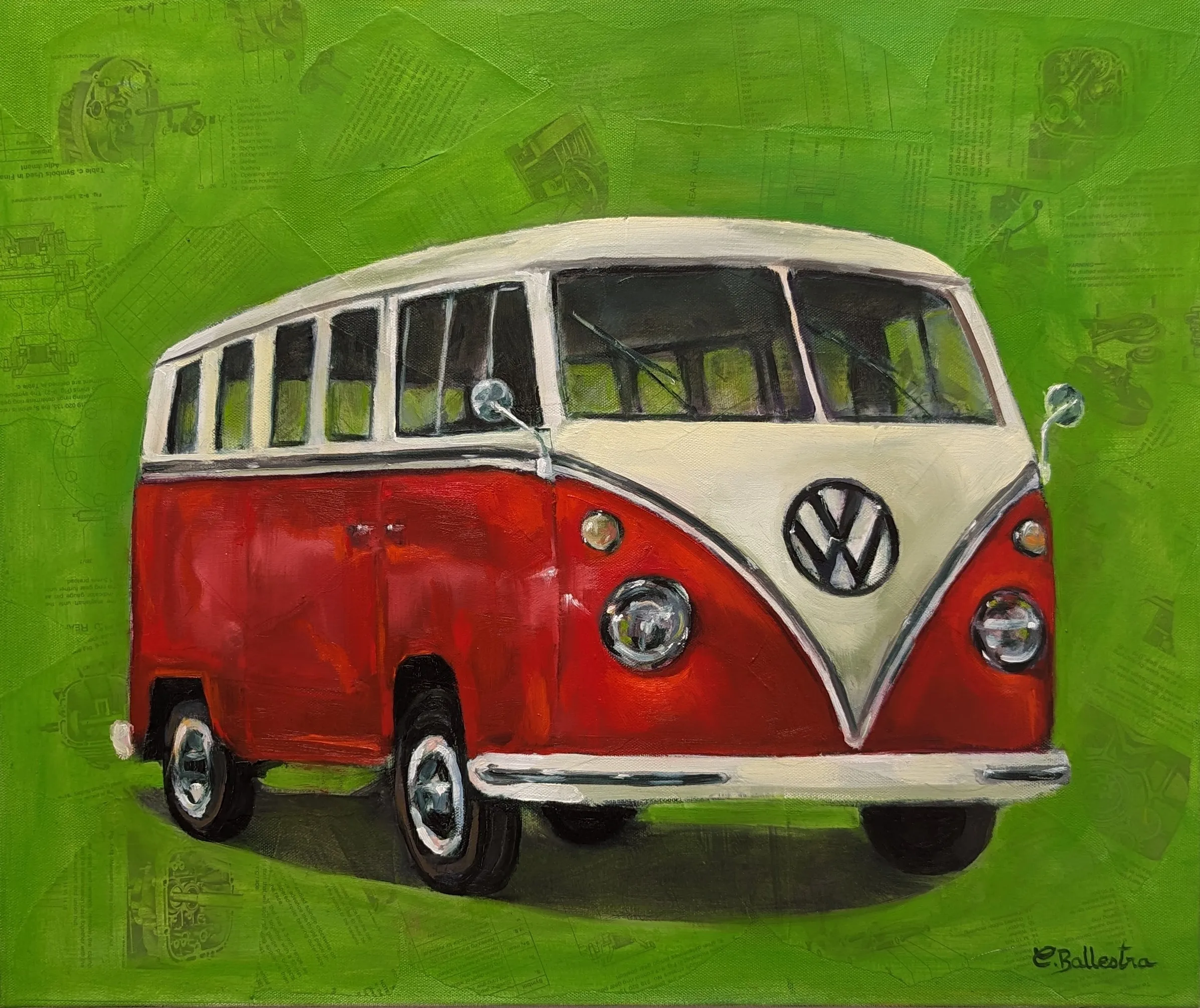 COMBI 2 VW 60x50 par Eric Ballestra, peinture à l'huile et collage, Combi Volkswagen rouge et blanc, style Pop Art vintage, fond vert.