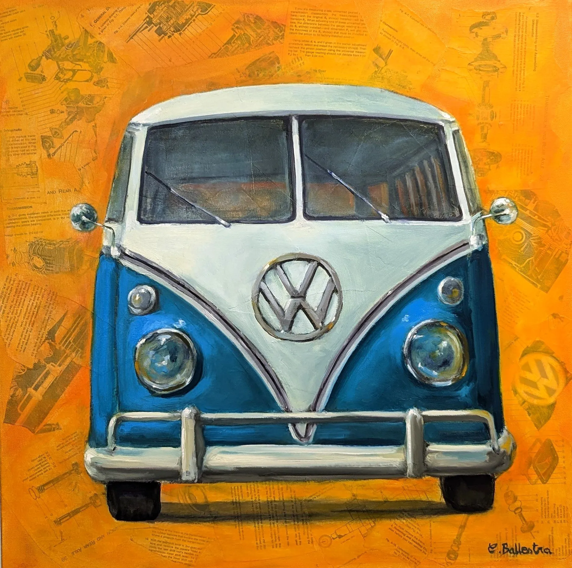 Peinture 60 x 60 cm. à l'huile et collage COMBI VW par Eric Ballestra, fourgon Volkswagen bleu sur fond Pop Art vintage.