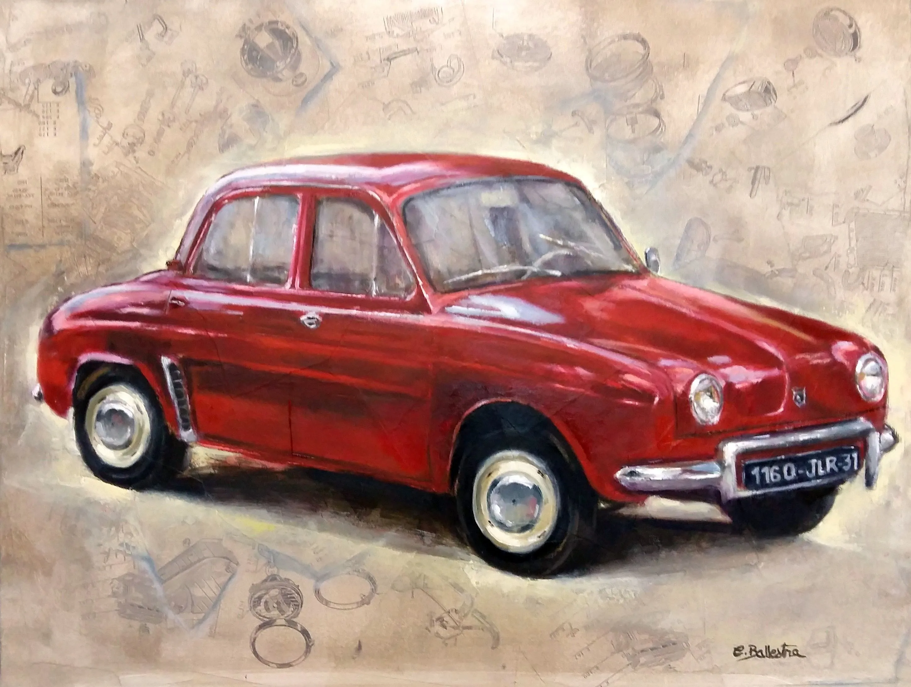 Dauphine par Eric Ballestra : une Renault Dauphine rouge vue de trois quarts, sur un fond de croquis de pièces mécaniques.