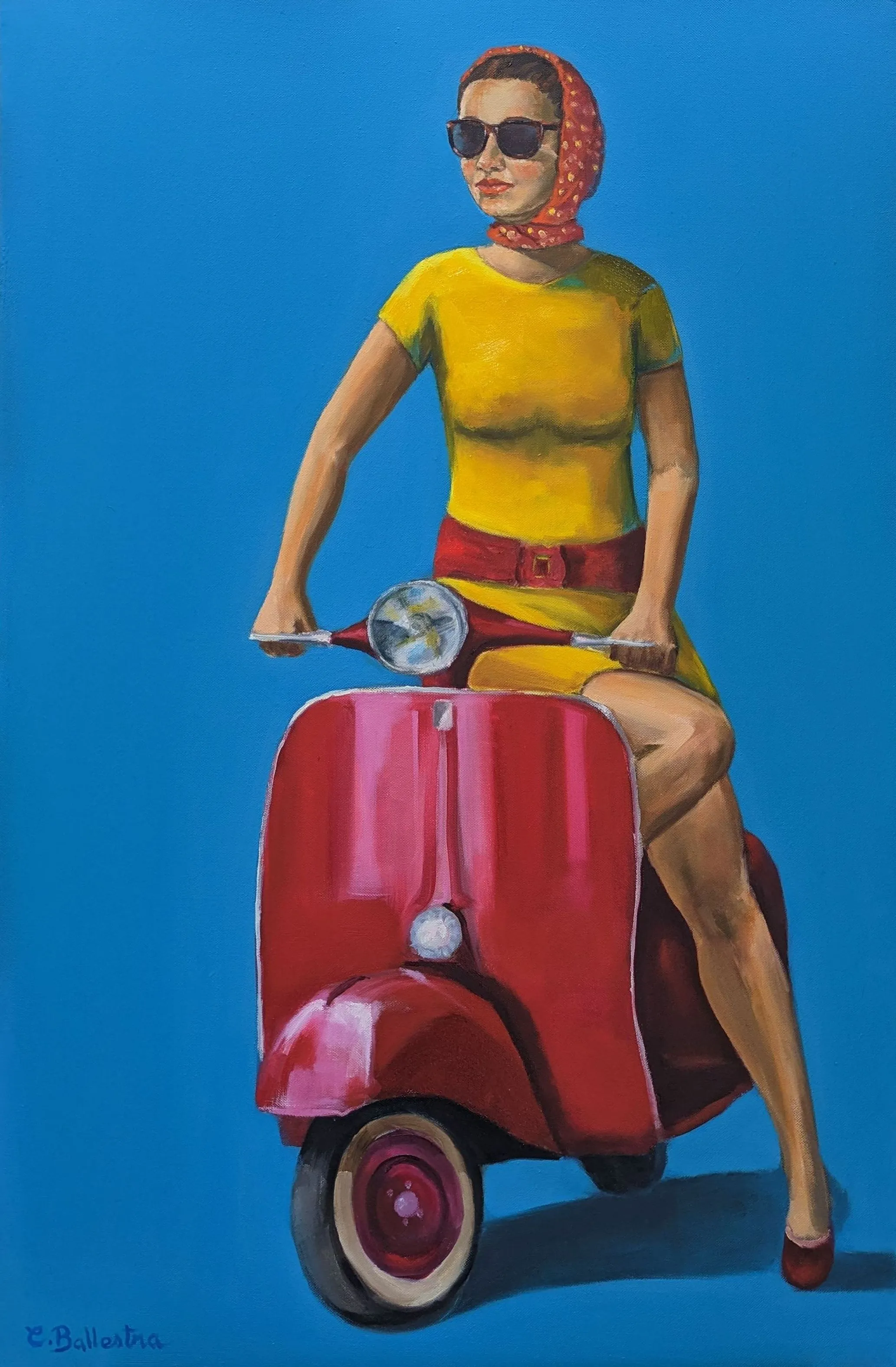 JOUR D'ÉTÉ par Eric Ballestra, peinture à l'huile d'une femme en vespa, ambiance Dolce Vita années 60, fond bleu vif