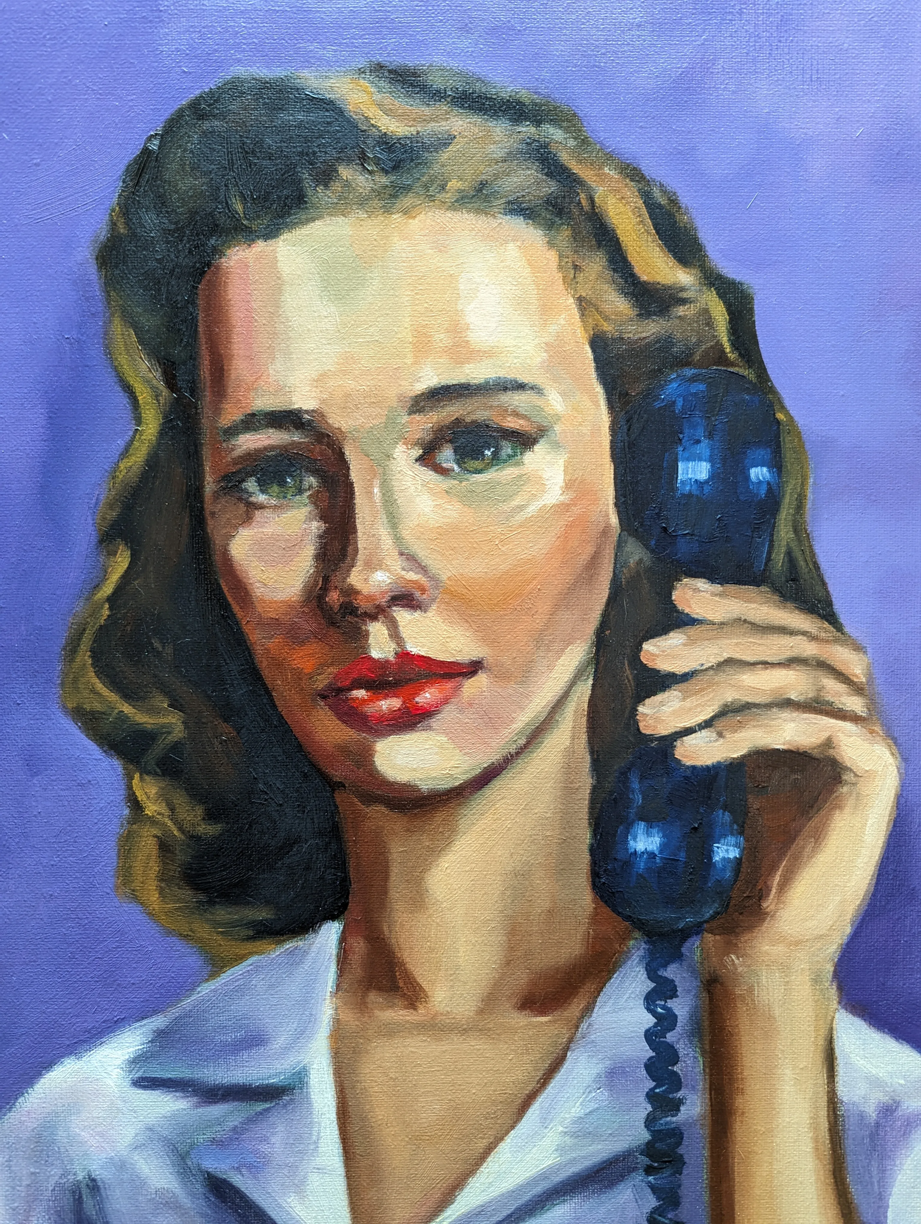 L'Appel par Eric Ballestra, peinture à l'huile figurative, portrait femme au téléphone, ambiance vintage années 40