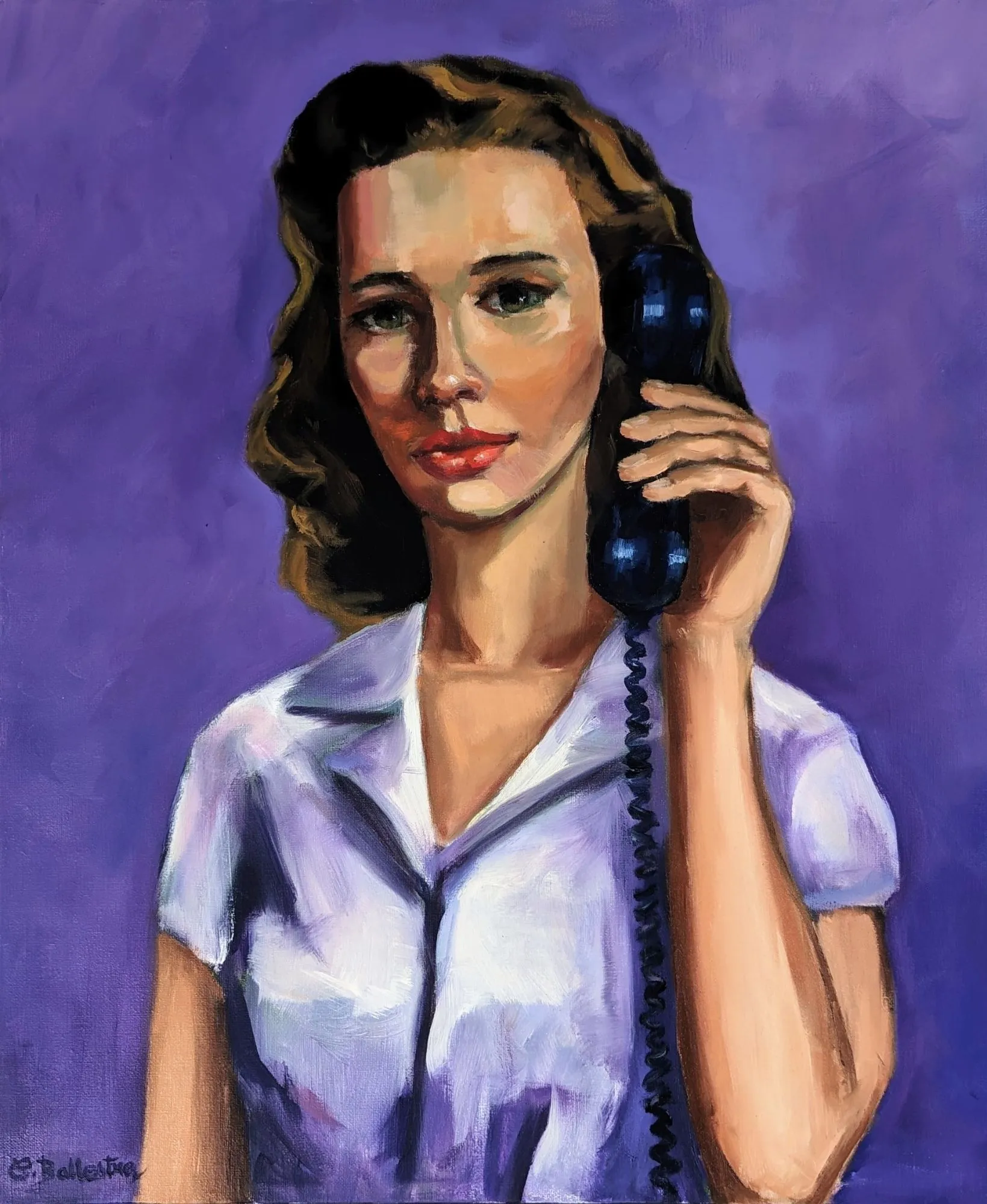 L'Appel par Eric Ballestra, peinture à l'huile figurative, portrait femme au téléphone, ambiance vintage années 40