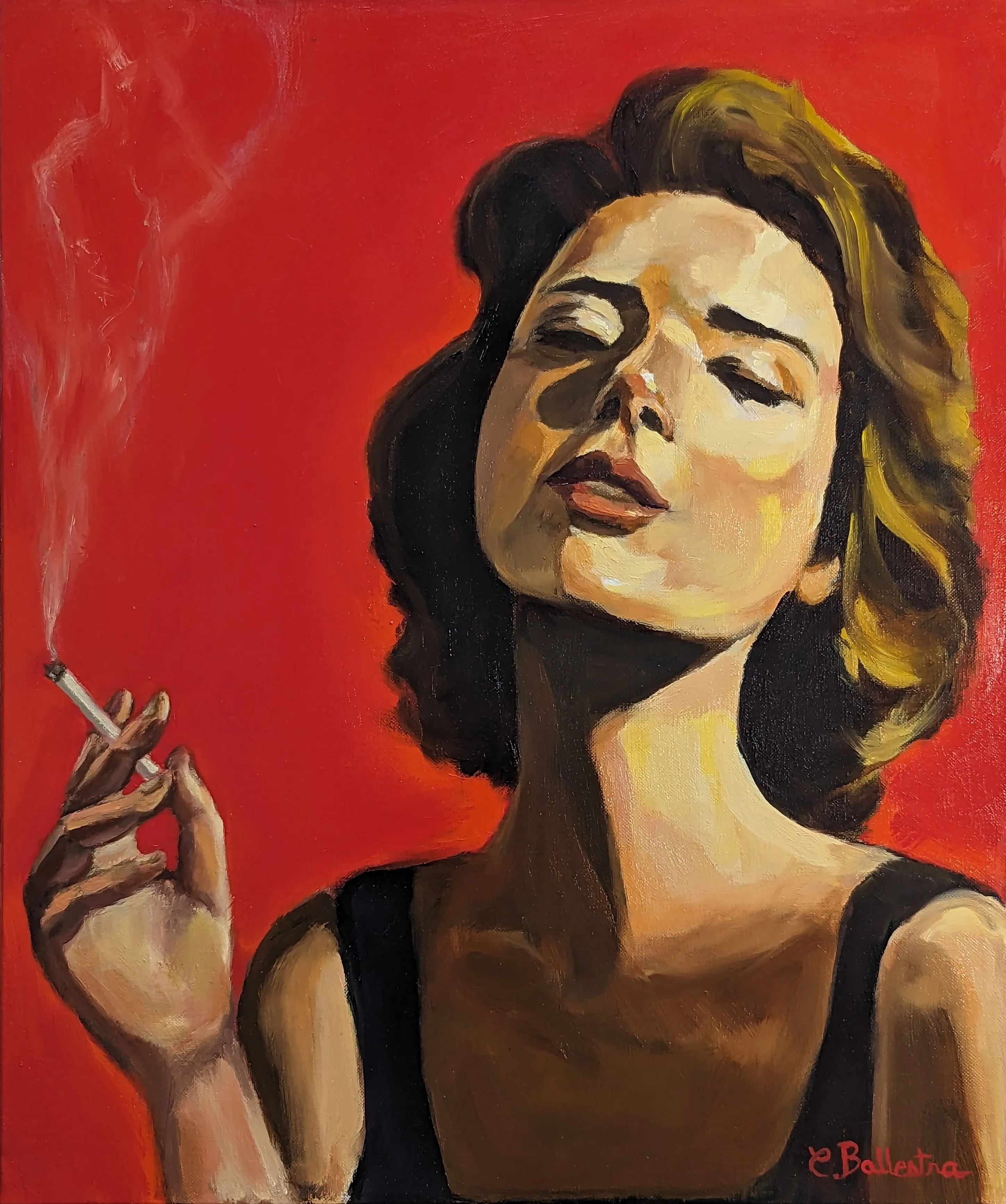 L'Évasion par Eric Ballestra, peinture à l'huile figurative, portrait de femme fumant, style rétro années 70.