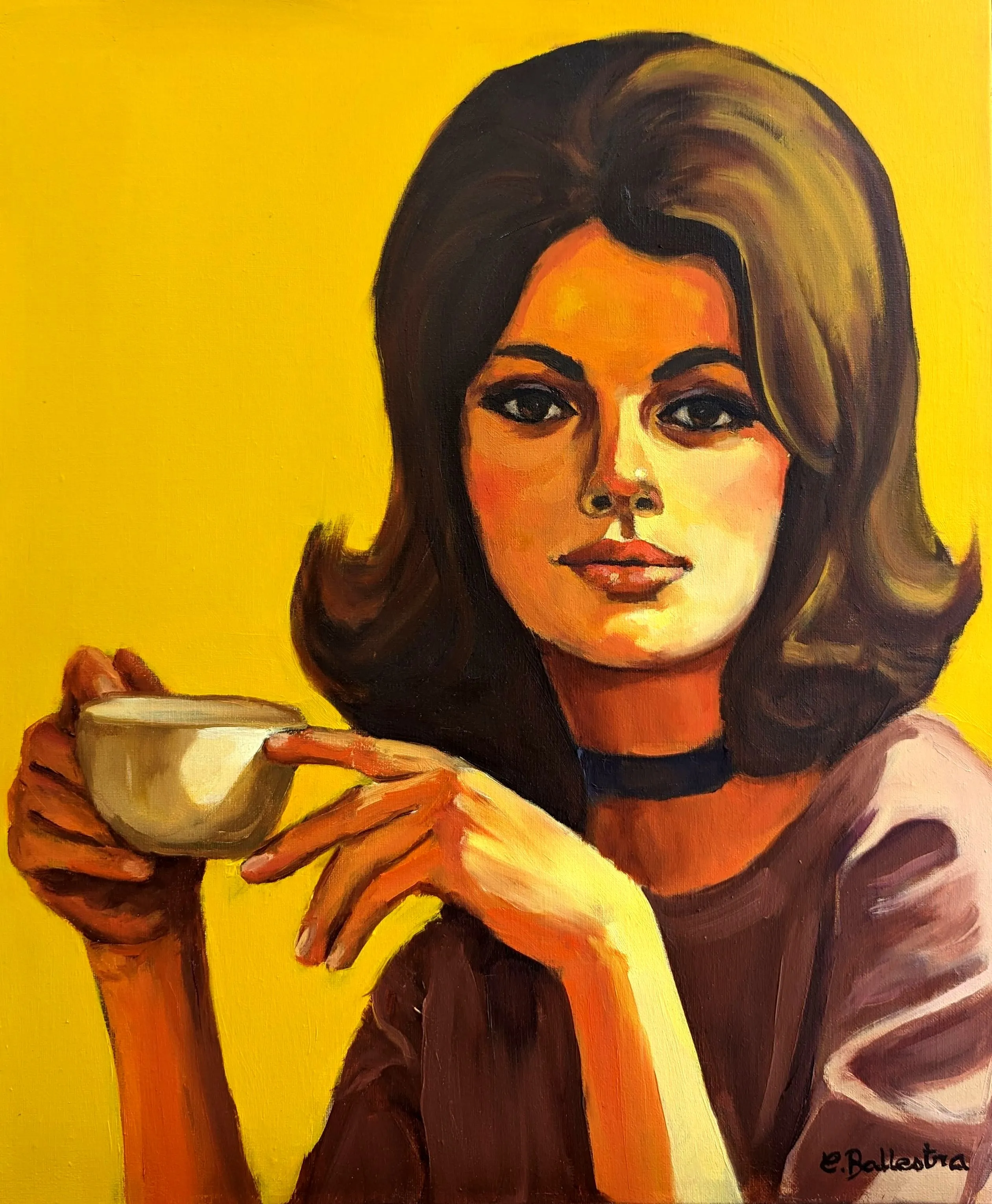 L'Instant par Eric Ballestra, peinture à l'huile figurative, portrait femme années 60, fond jaune Pop Art.