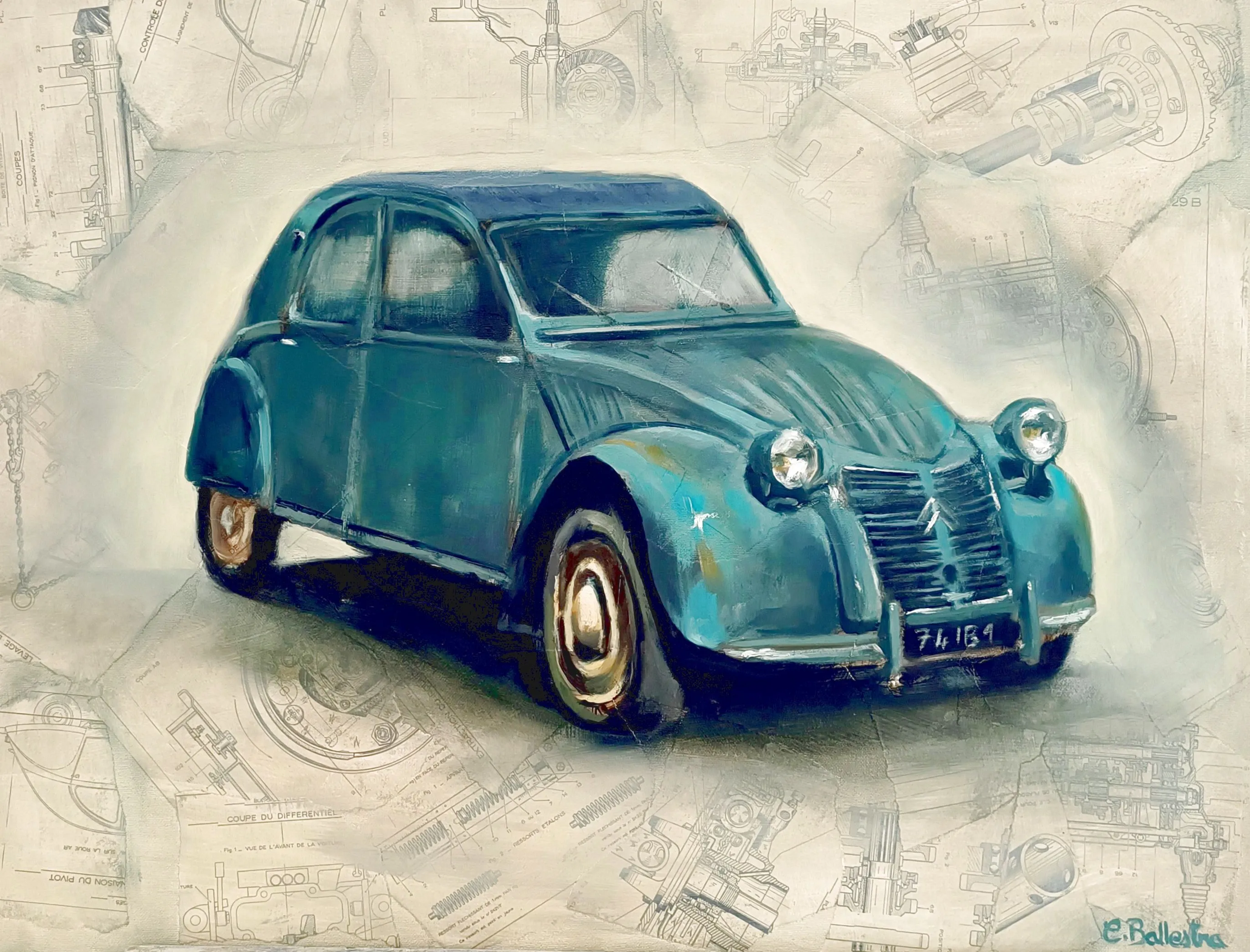 La 2 CV par Eric Ballestra, peinture à l'huile, Citroën 2 CV sur fond de documents techniques, style vintage.