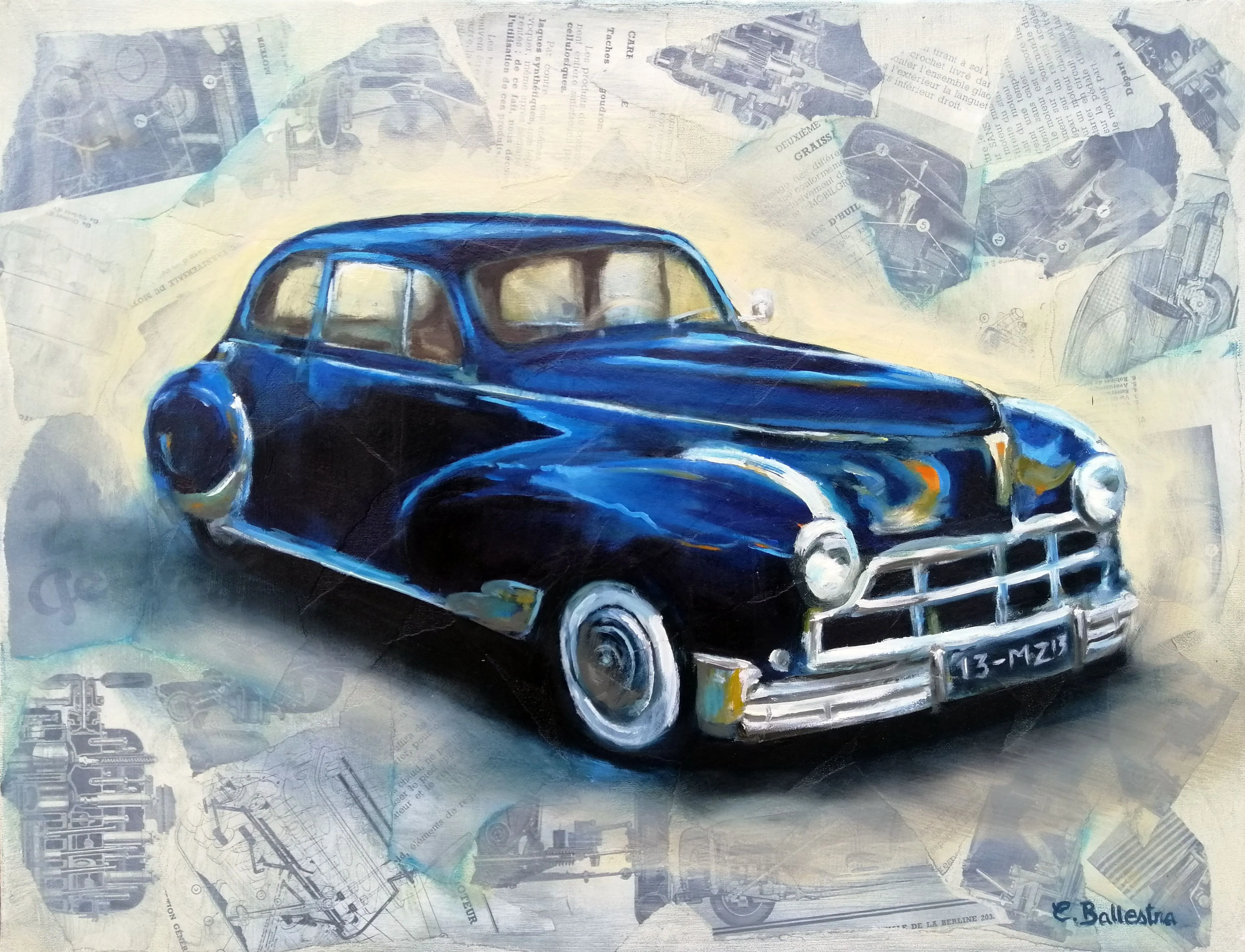 La 203 darl'mat par Eric Ballestra, peinture à l'huile, Peugeot 203 vintage, fond de documents techniques, style rétro.