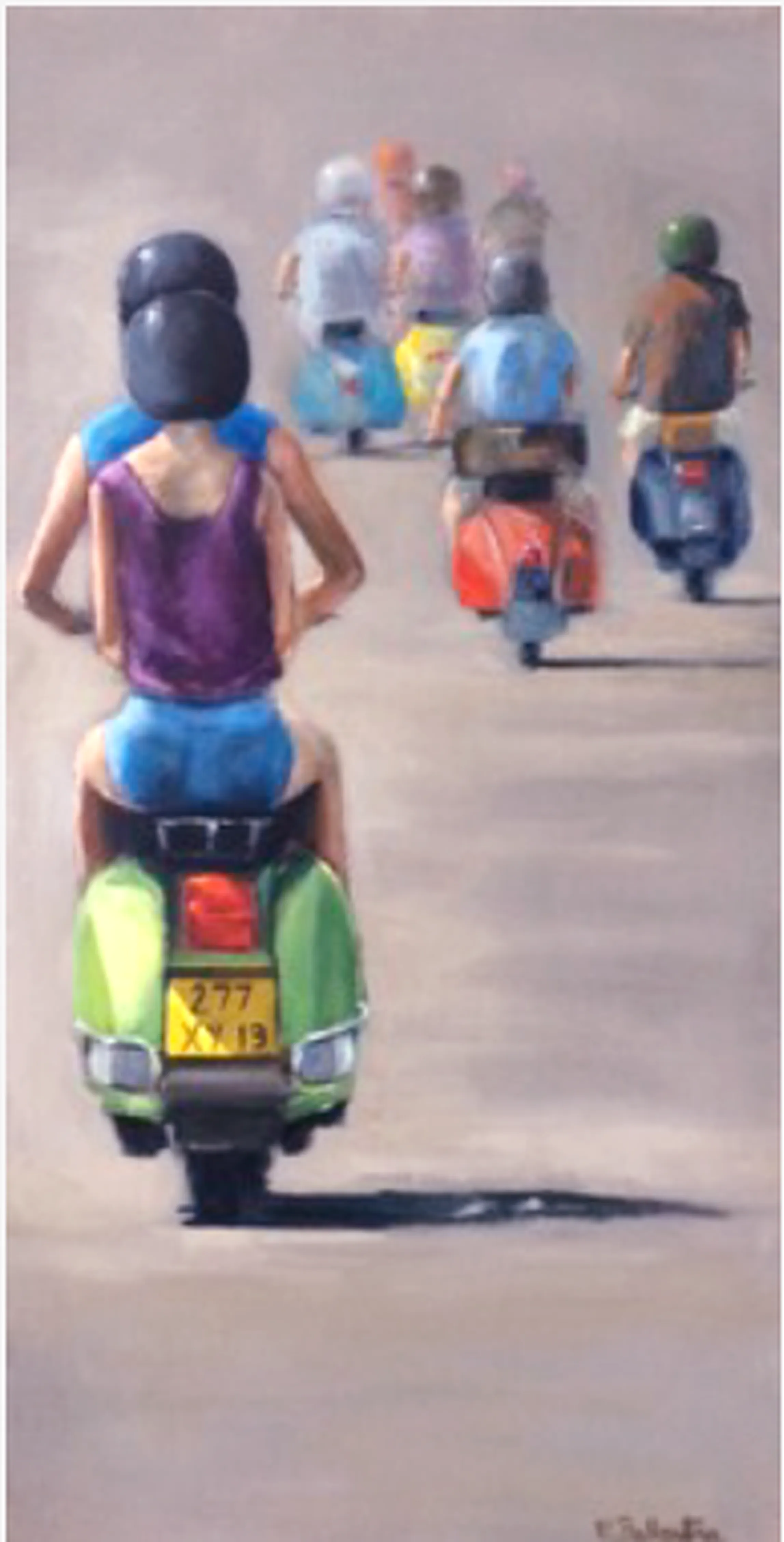 La balade par Eric Ballestra : une file de scooters Vespa colorés vue de dos, un couple sur une Vespa verte au premier plan.