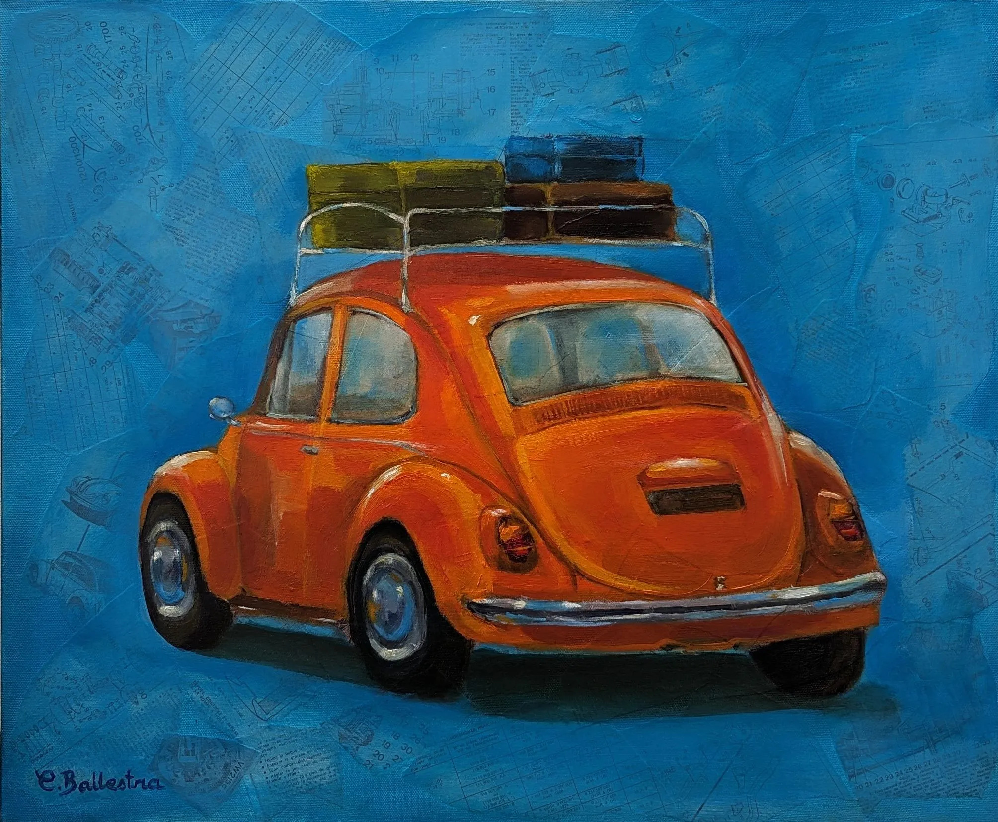 LA COCCINELLE par Eric Ballestra, peinture à l'huile et collage, voiture Volkswagen Coccinelle orange, style Pop Art vintage.