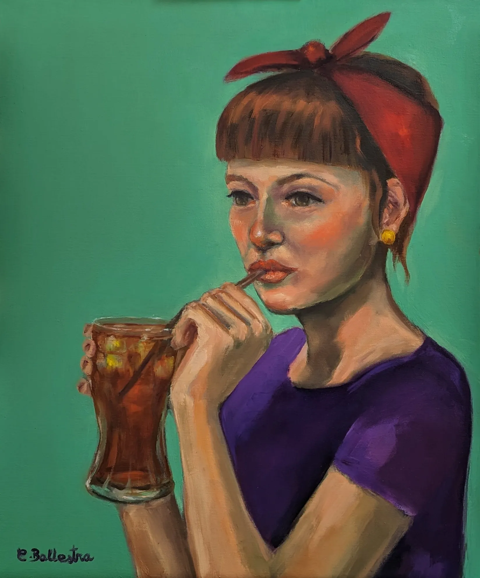 La Pause par Eric Ballestra, peinture à l'huile figurative, femme buvant, style Pop rétro années 60.
