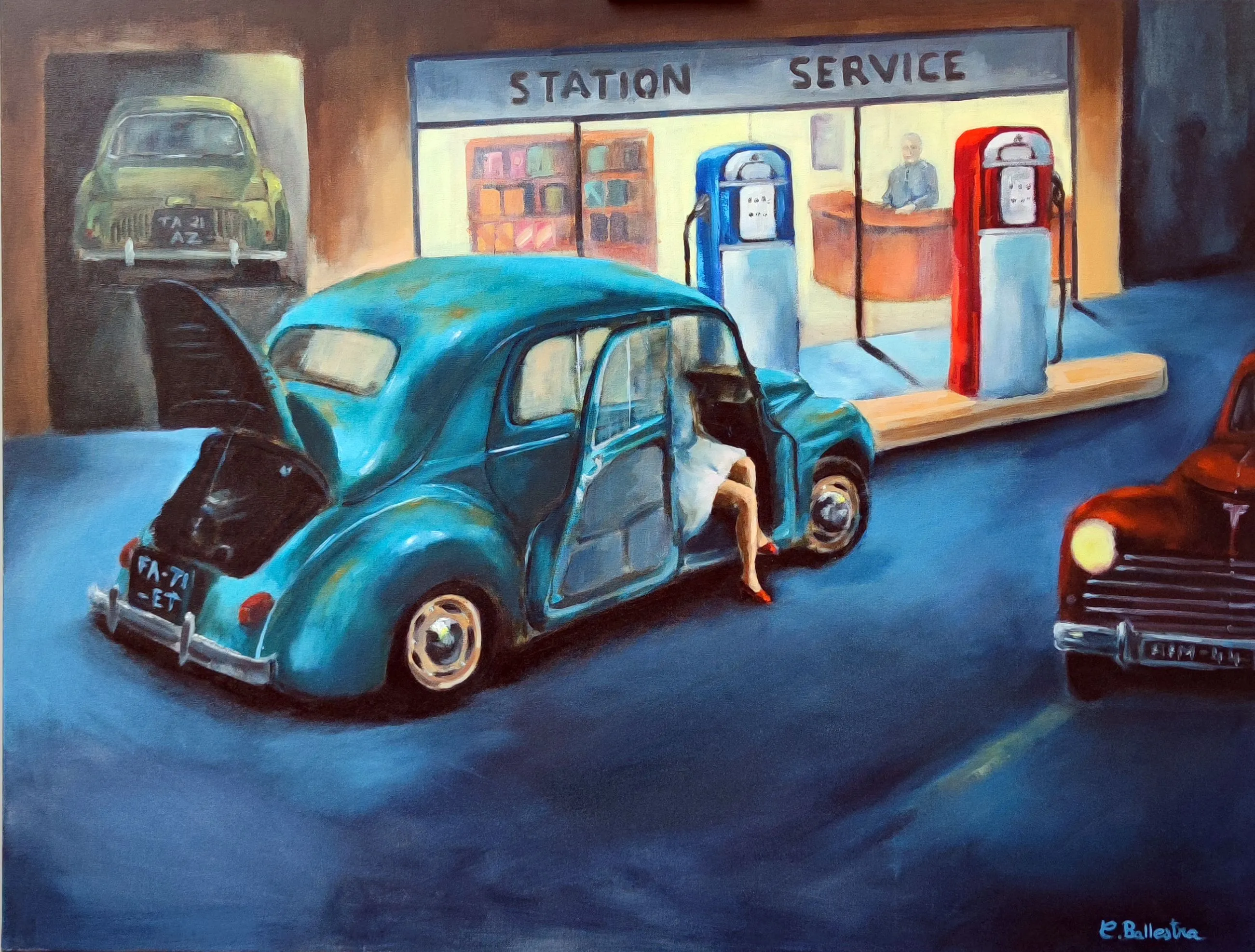 Peinture La Station 116x89 huile sur toile voiture ancienne 4CV Eric Ballestra 2017