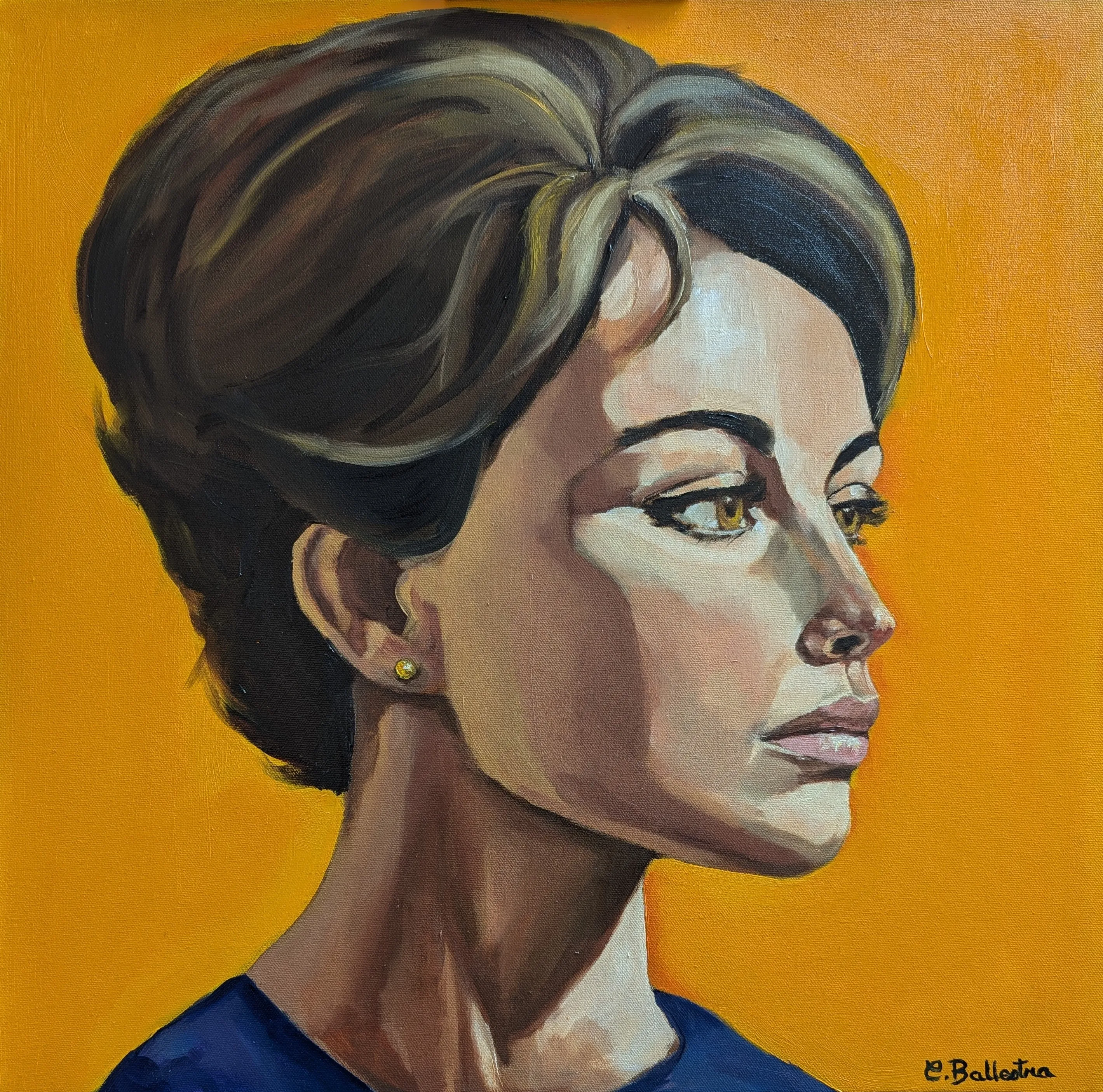 Portrait Le Charme d'Audrey par Eric Ballestra, peinture à l'huile figurative, style Pop Art, fond jaune.