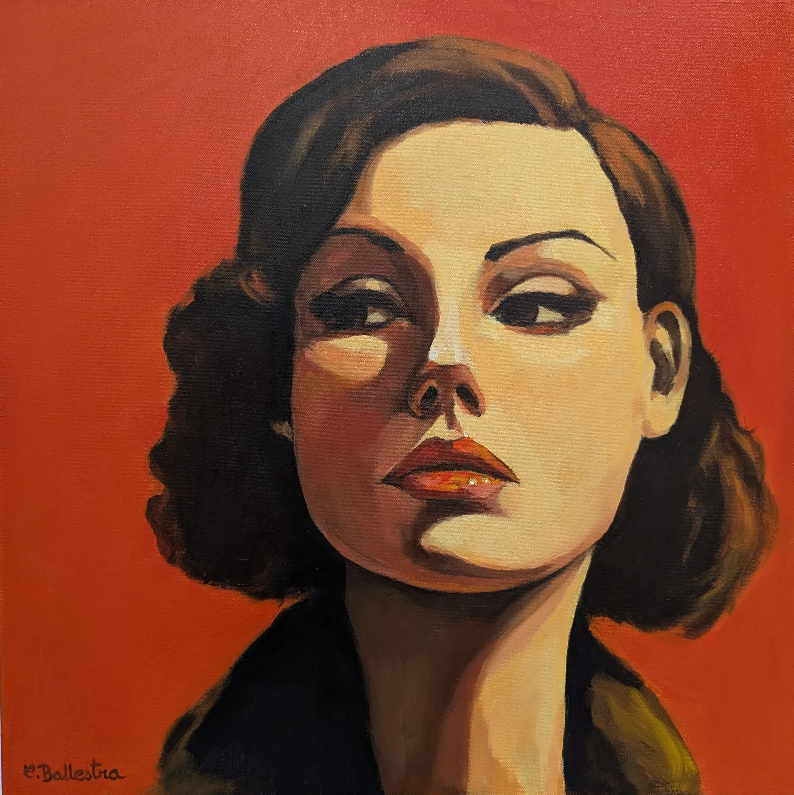 Portrait Le Regard d'Édith par Eric Ballestra, peinture à l'huile figurative, style années 30.