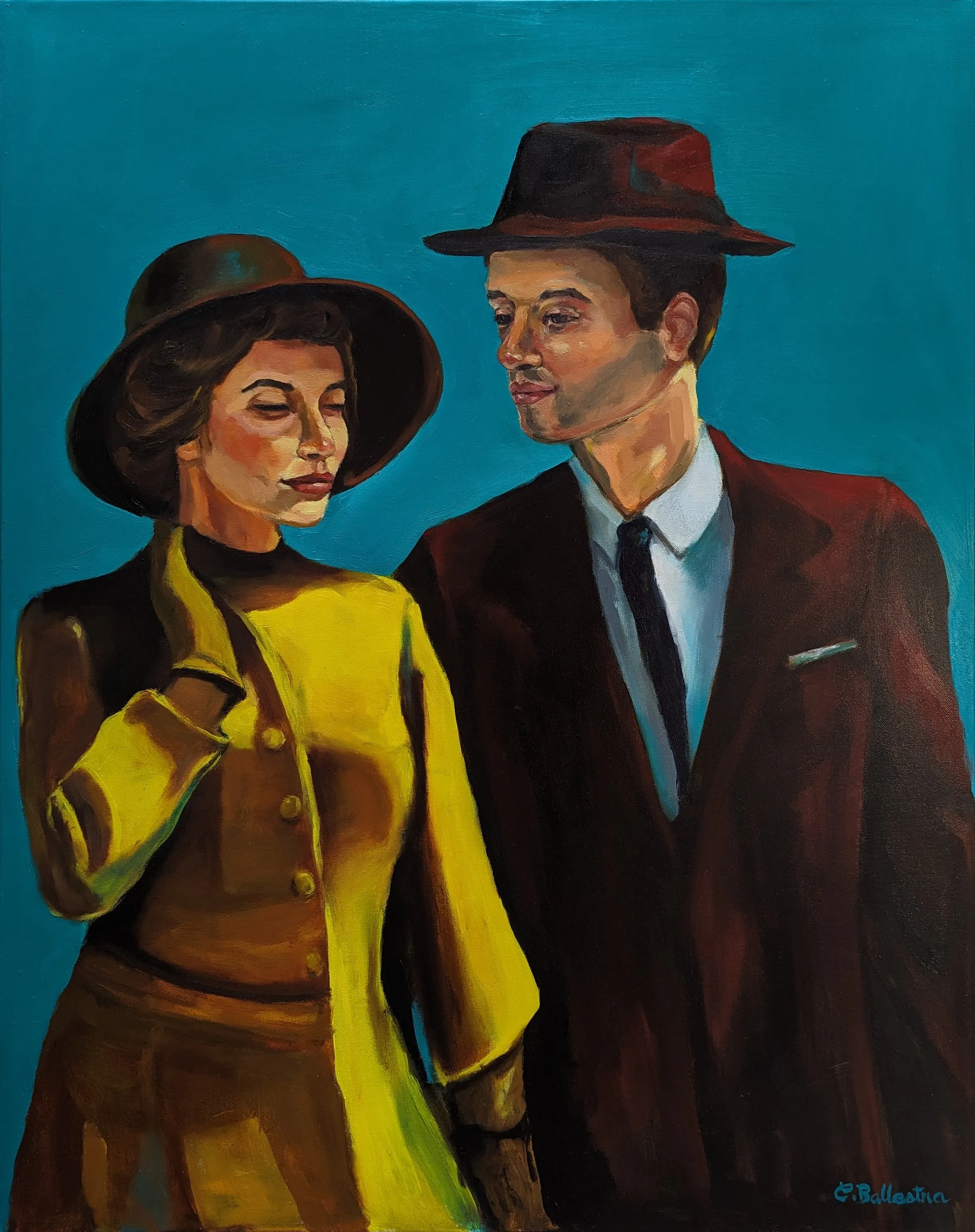 Peinture à l'huile LE RENDEZ-VOUS par Eric Ballestra, portrait figuratif d'un couple élégant, style années 50.