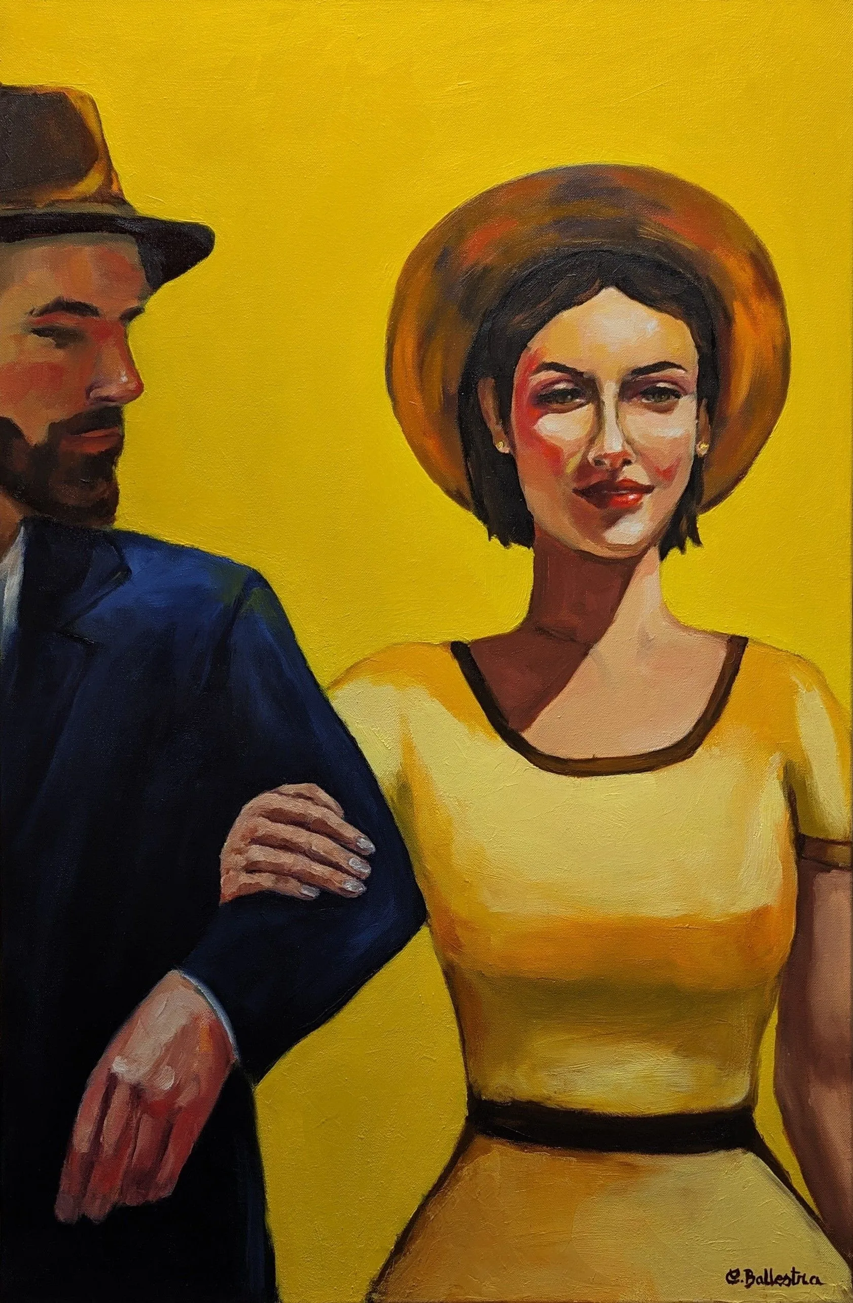 Le Sentiment par Eric Ballestra, peinture à l'huile figurative, couple élégant dans le style des années 50, fond jaune.