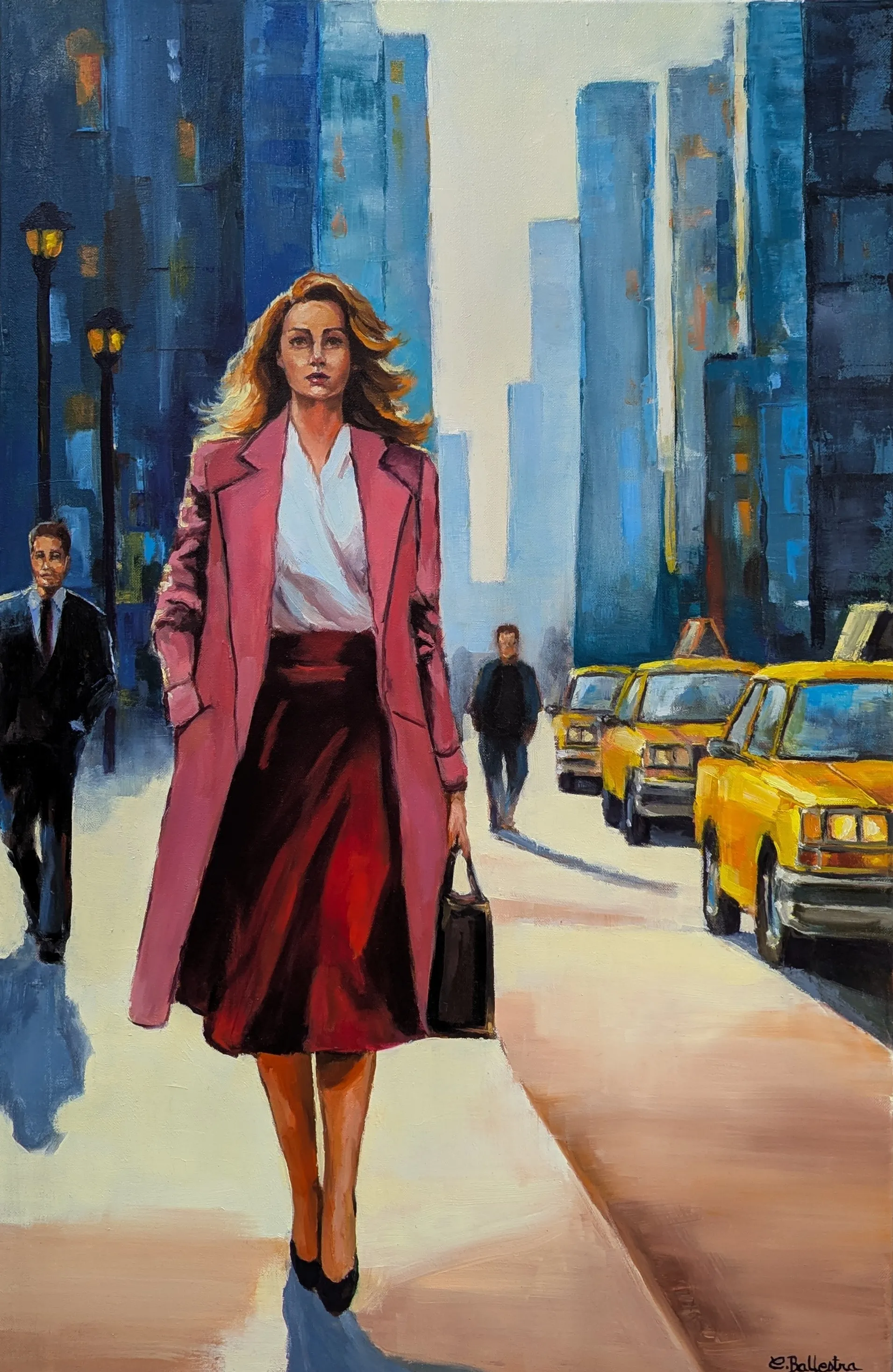 Madison par Eric Ballestra, peinture à l'huile figurative, scène de rue urbaine à Manhattan.