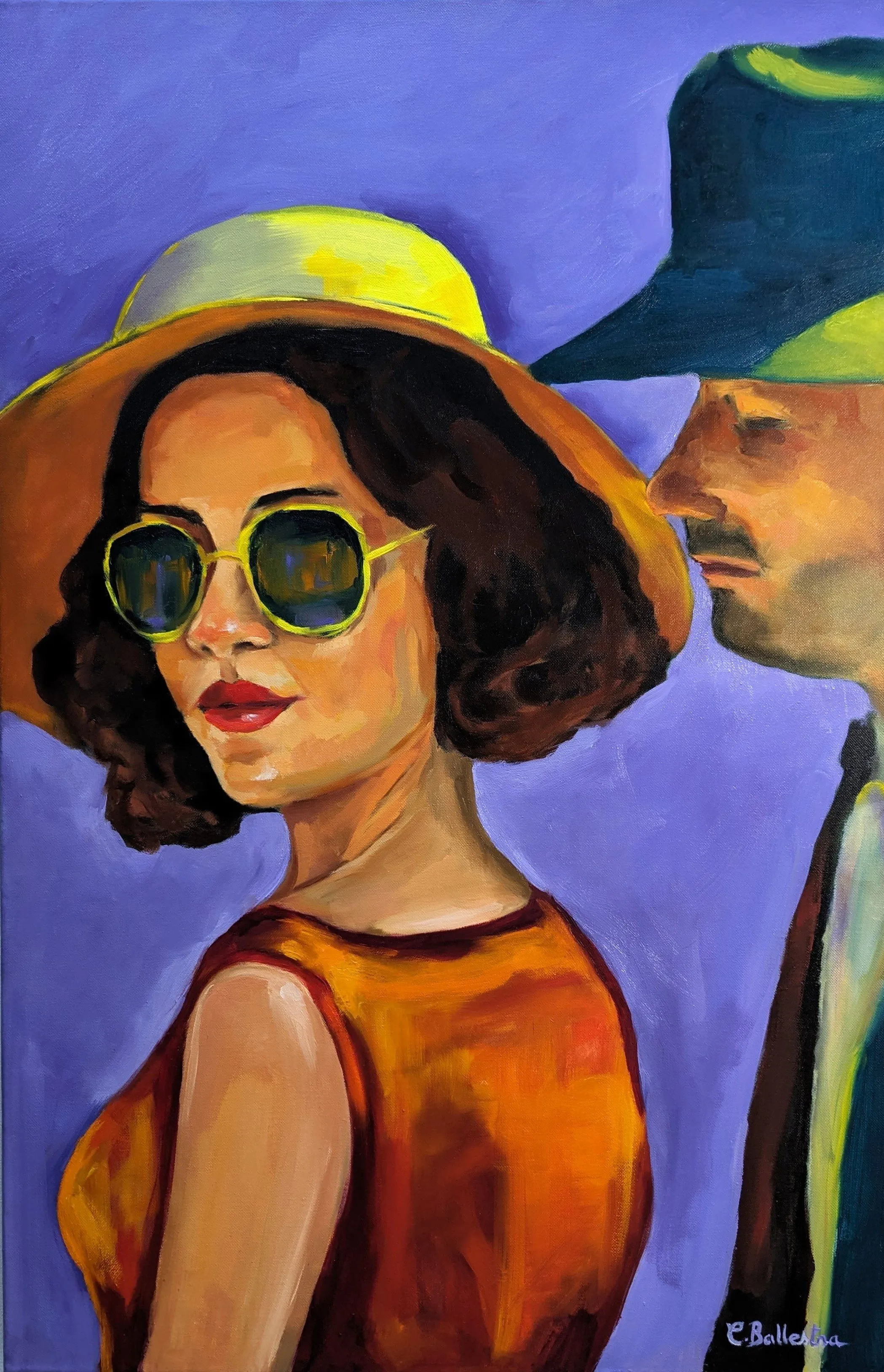 MAI 1953 par Eric Ballestra, peinture à l'huile figurative, couple élégant, style années 50.