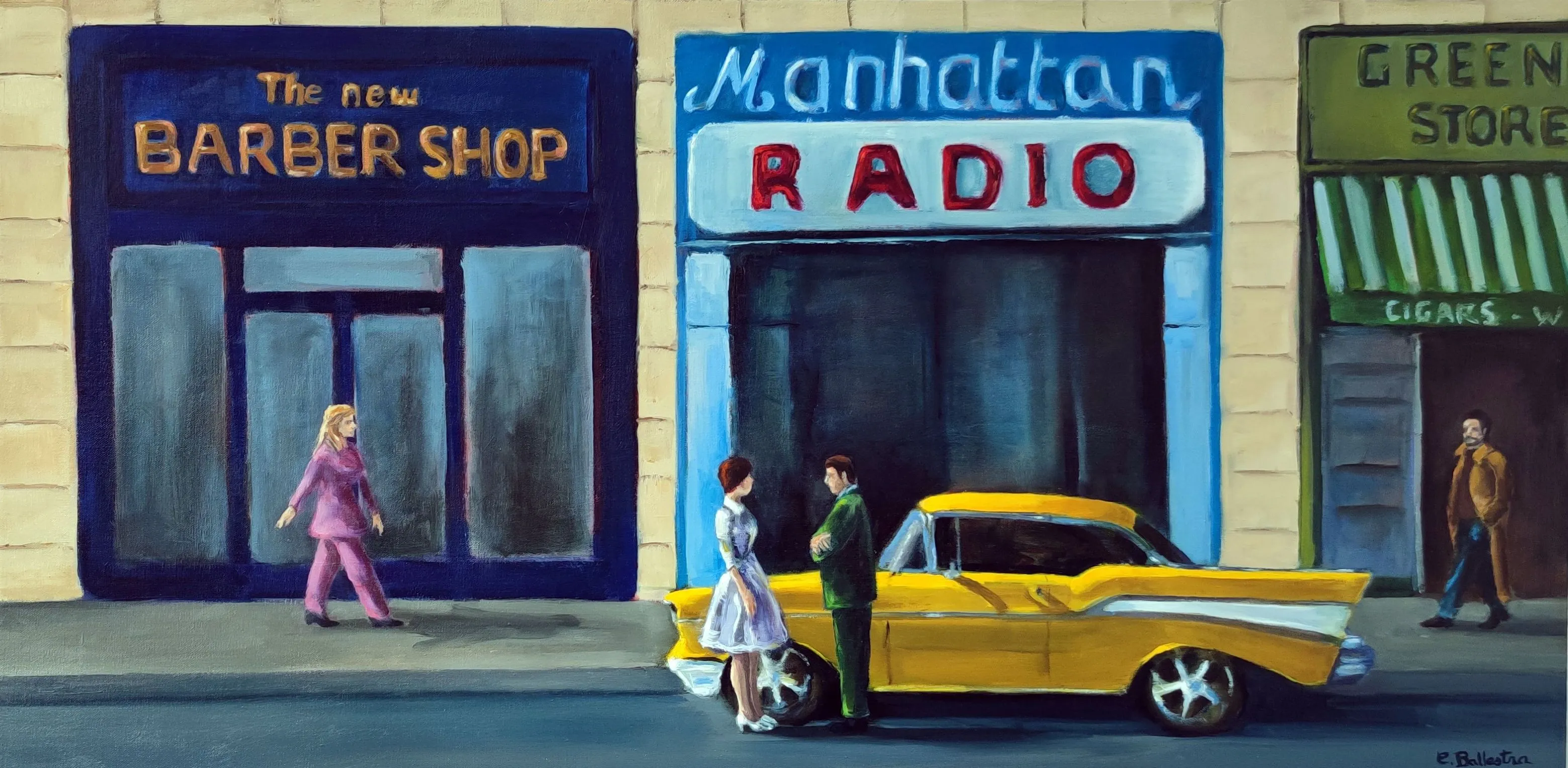 Rencontre sur Manhattan par Eric Ballestra : un couple discute près d'une voiture américaine jaune, devant les vitrines d'un barber shop et d'un magasin de radio.
