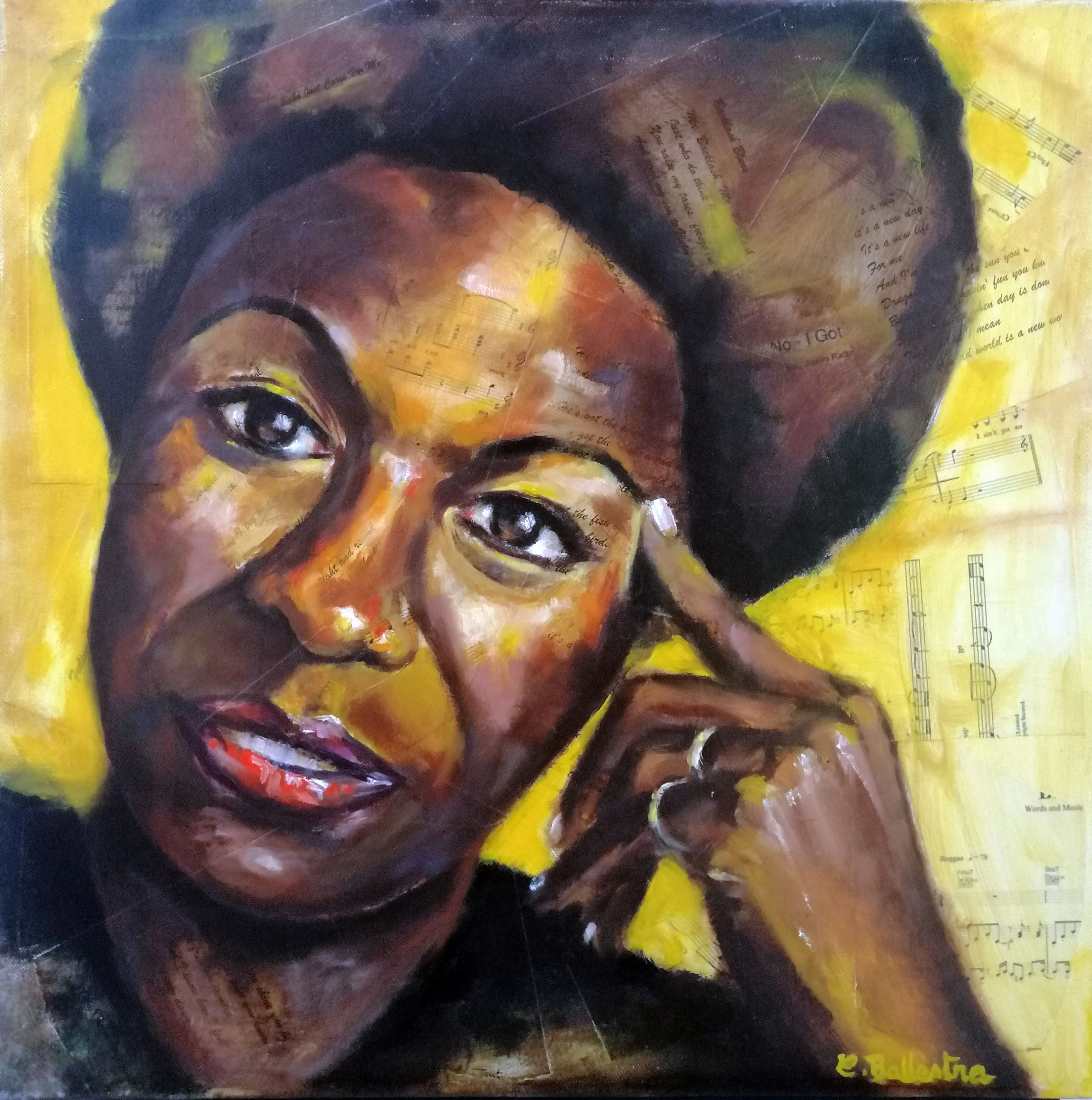 Portrait Nina Simone 50x50, technique mixte huile et collage paroles de chansons. Eric Ballestra, 2018