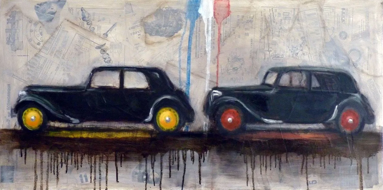 Peinture Citroën Traction 100x50 huile et collage documents techniques Eric Ballestra 2016
