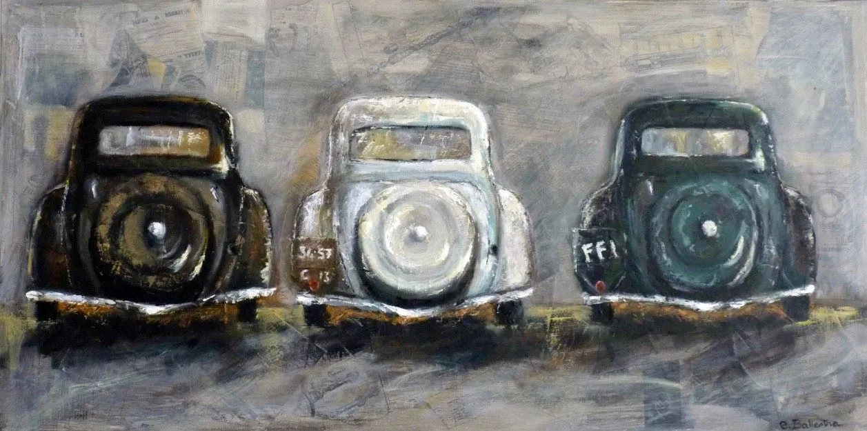 Peinture Citroën Traction 100x50 huile et collage documents techniques Eric Ballestra 2016